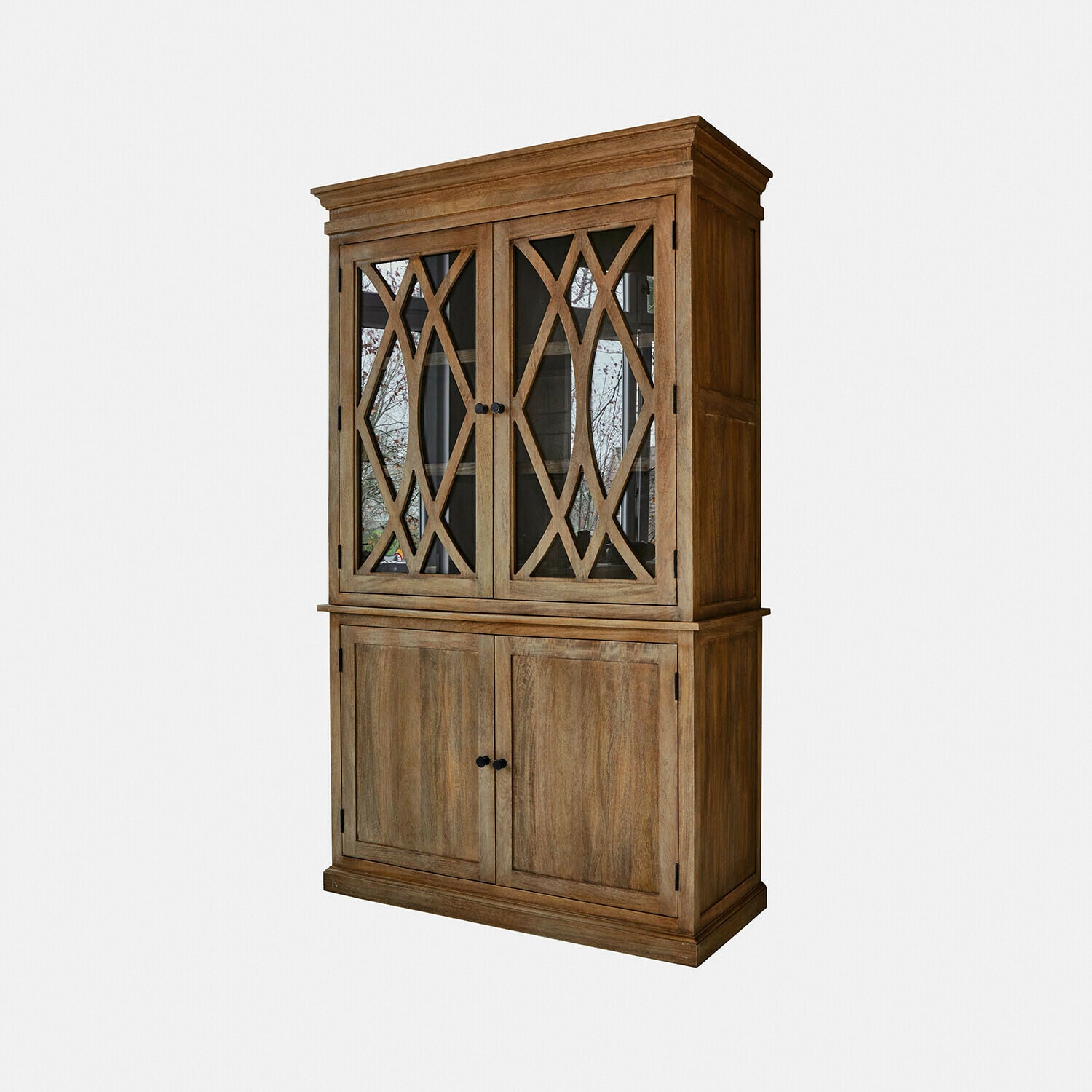 Credenza Oakminster Vetrina in legno naturale con ante in vetro e motivo decorativo, mobile soggiorno colore naturale