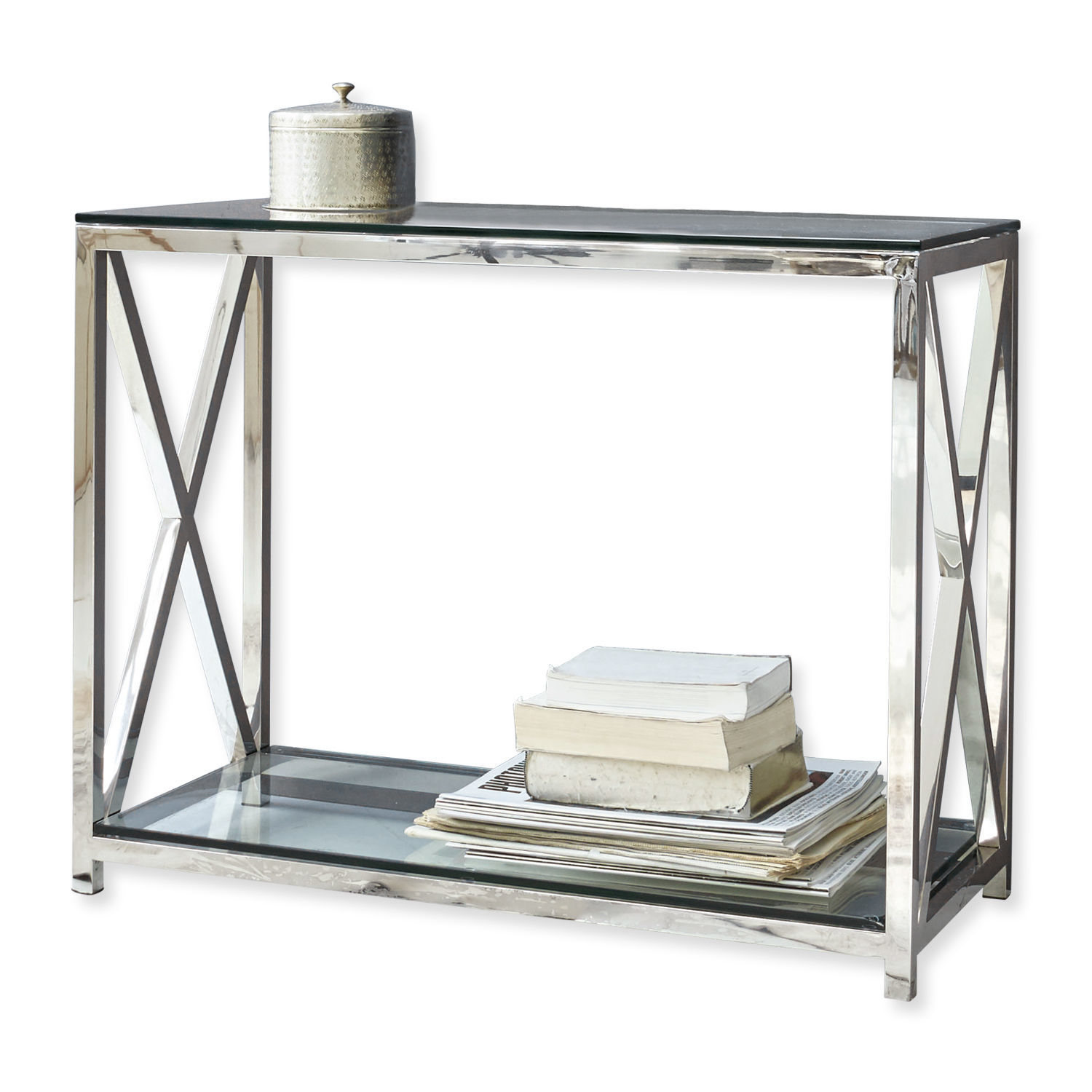 Consolle Dartford Consolle moderna in acciaio inox e vetro con libri decorativi e contenitore argentato sopra