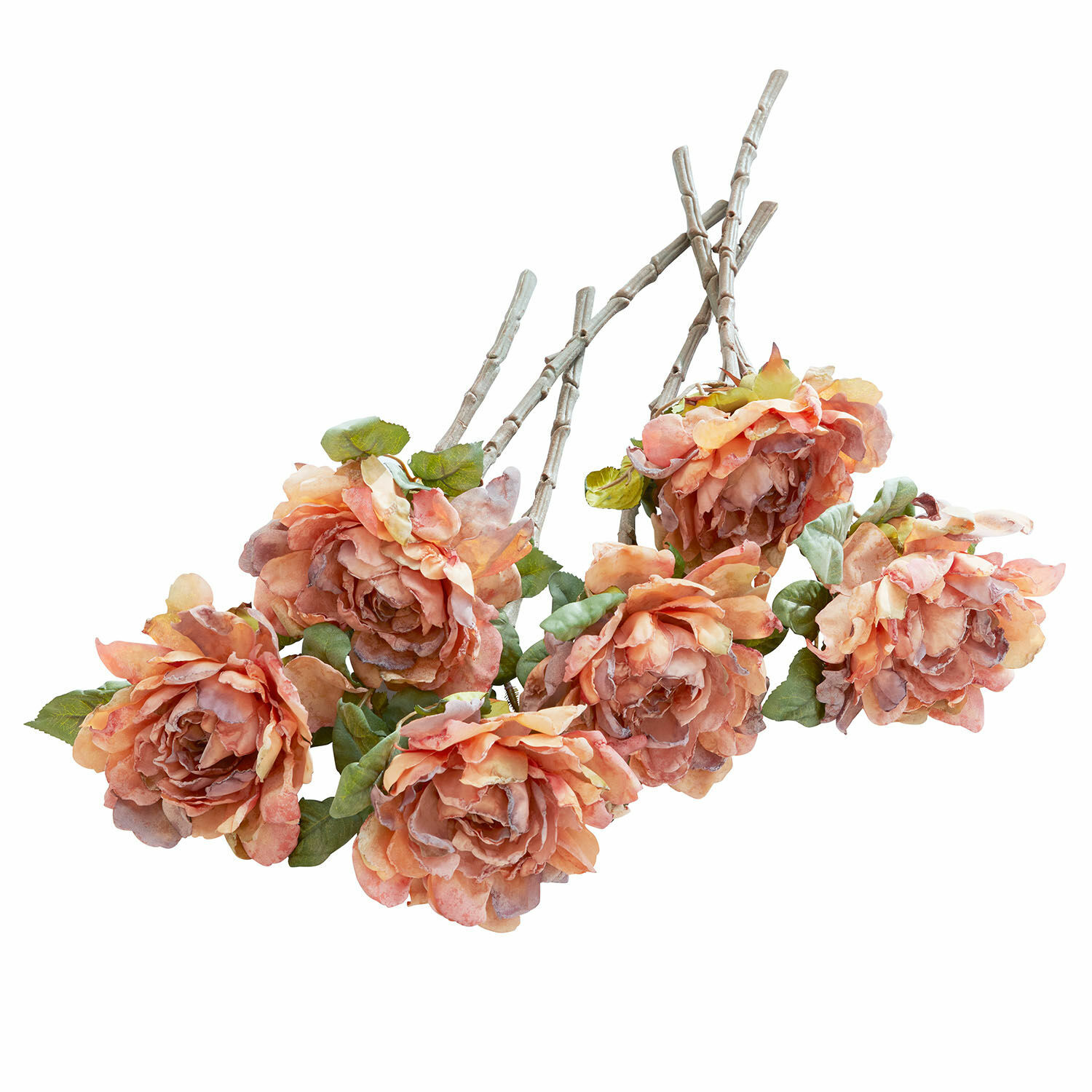Set di 6 fiori decorativi Mervix Mazetto di rose artificiali pesca con foglie verdi e steli beige per decorazione