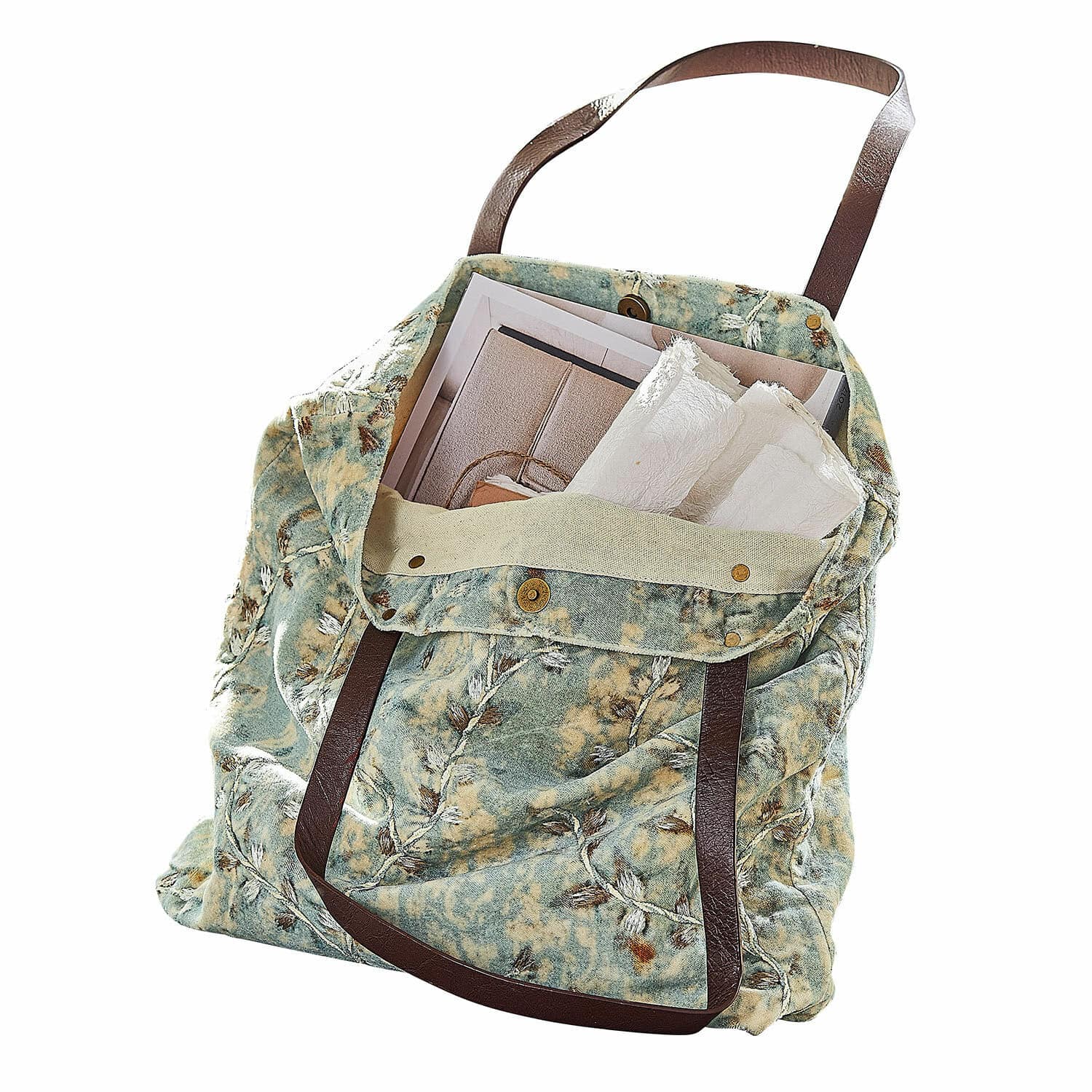 Borsa LaRoux Borsa in tessuto con motivo verde-beige e manici marroni, perfetta per la spesa e l'uso quotidiano