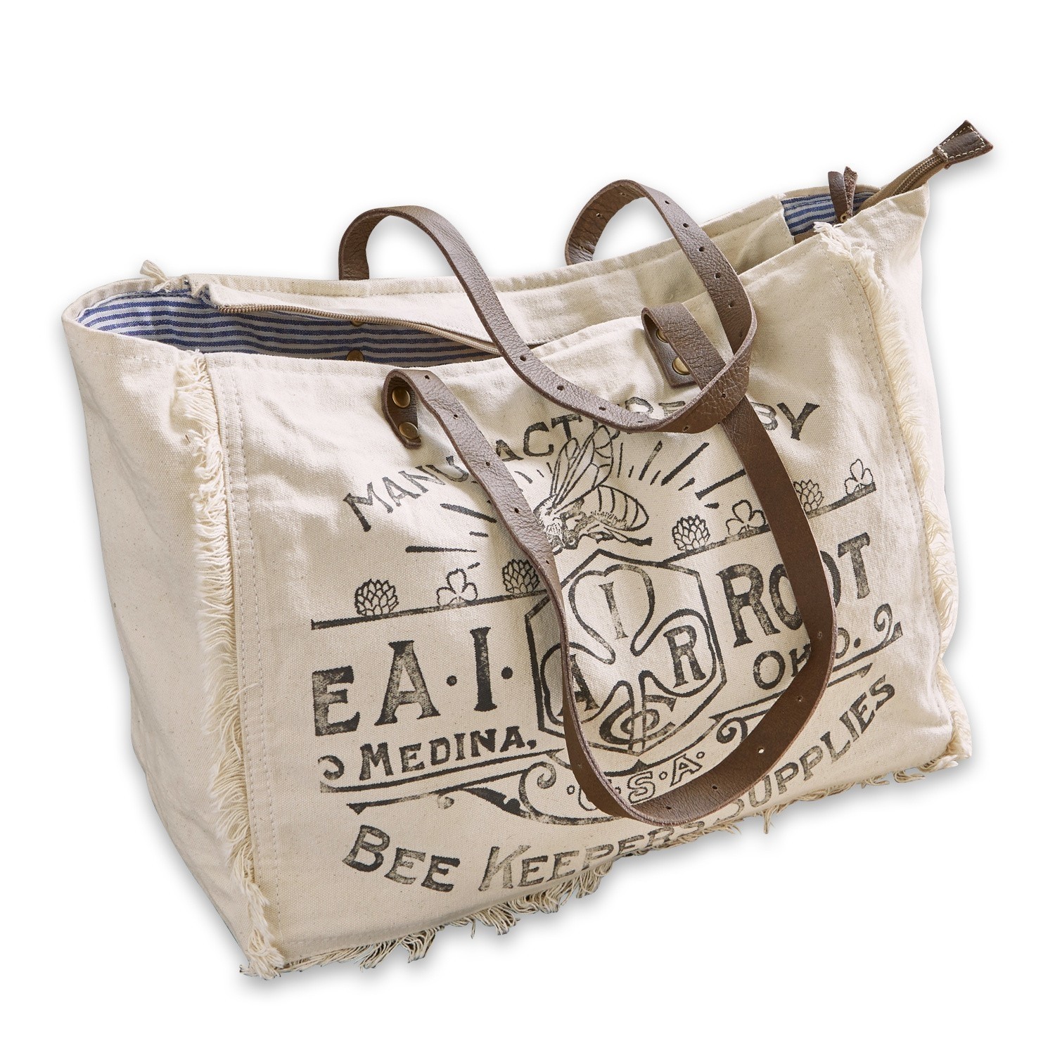 crema/marrone Borsa crema in cotone con manici in pelle marrone e stampa ape, borsa per la spesa