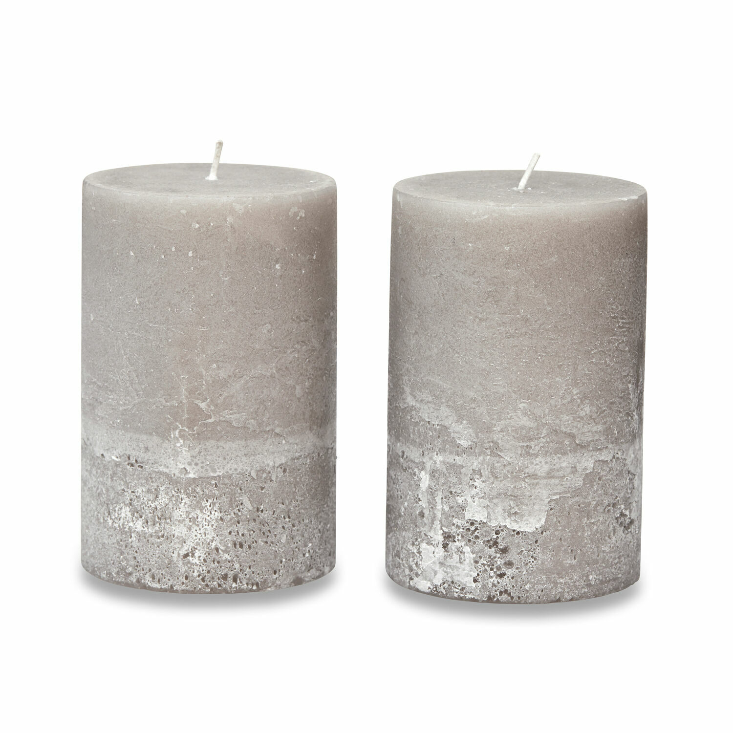 Coppia di candele Oviedo Coppia di candele grigie con effetto cemento, decorazione per interni, candele decorative
