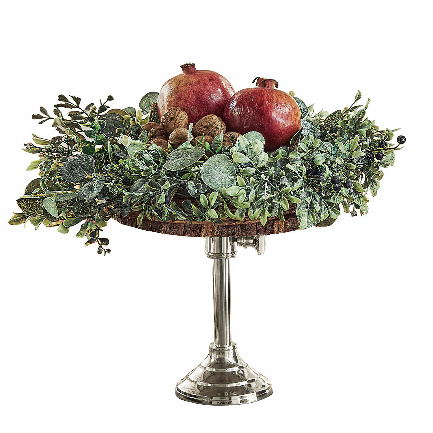 Alzata Danice II Vassoio decorativo con base in metallo e piano in legno, decorato con melograni e foglie verdi
