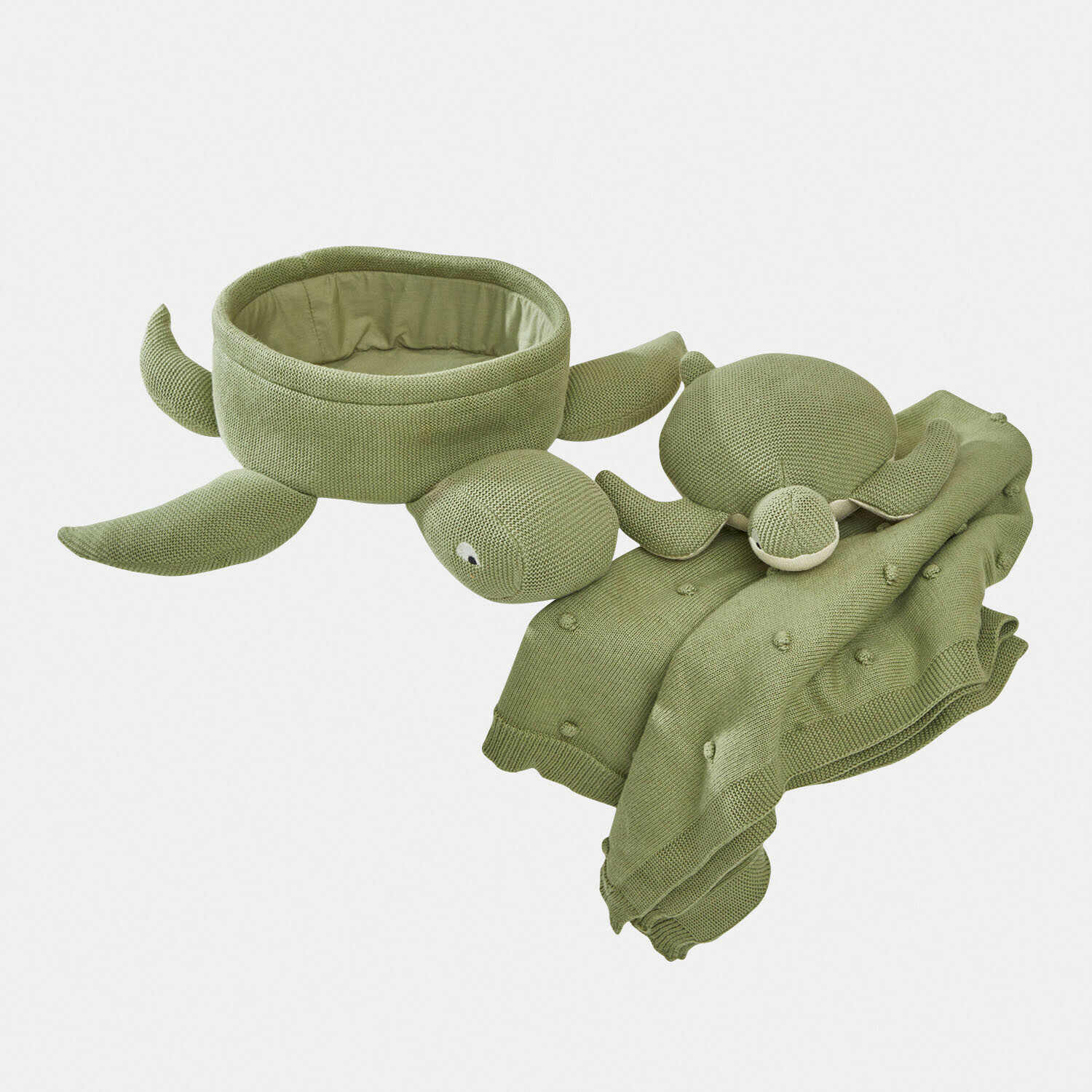 Set di peluche Bubbilo Contenitore e giocattolo tartaruga verdi in tessuto morbido lavorato a maglia, decorazione e organizzazione cameretta