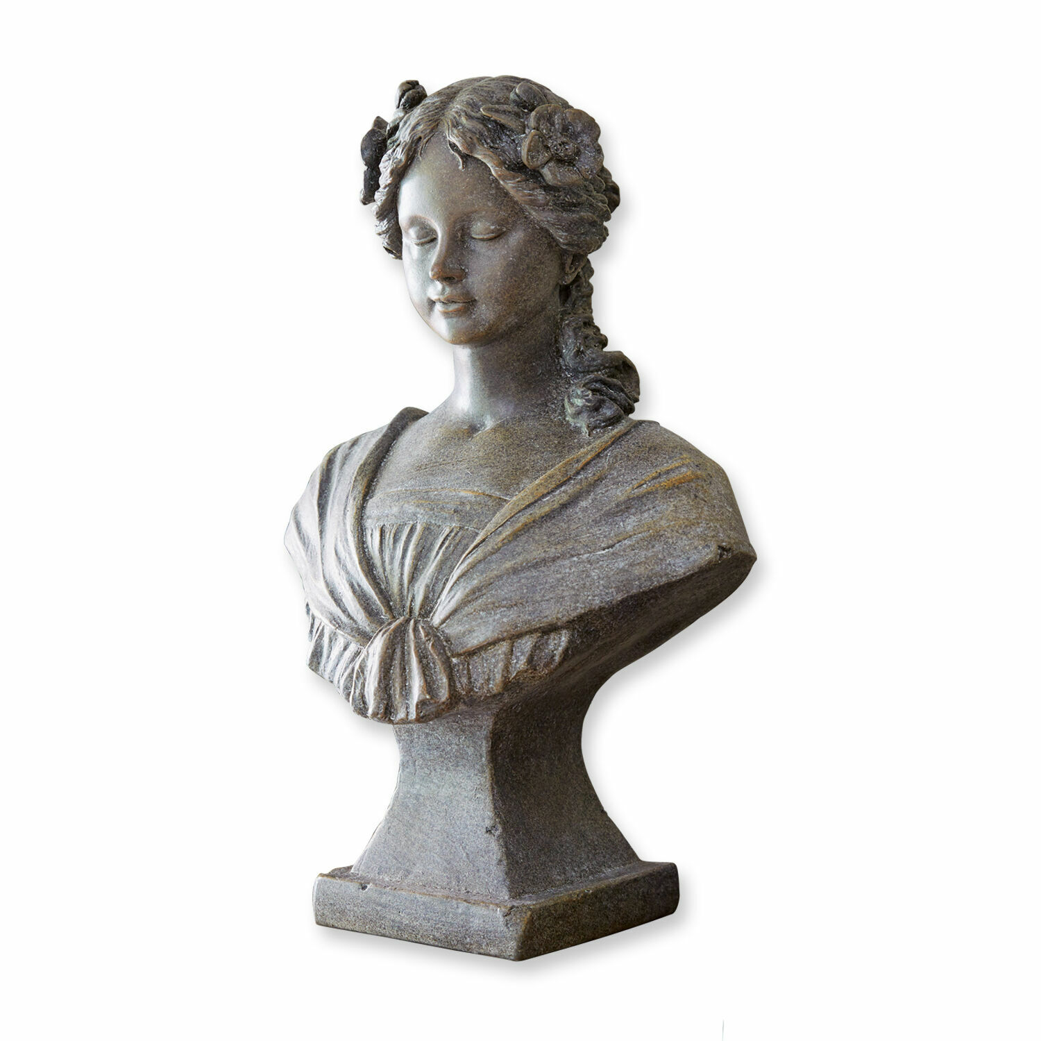Busto Alexandra Busto femminile classico in pietra grigia con fiori tra i capelli, decorazione da giardino