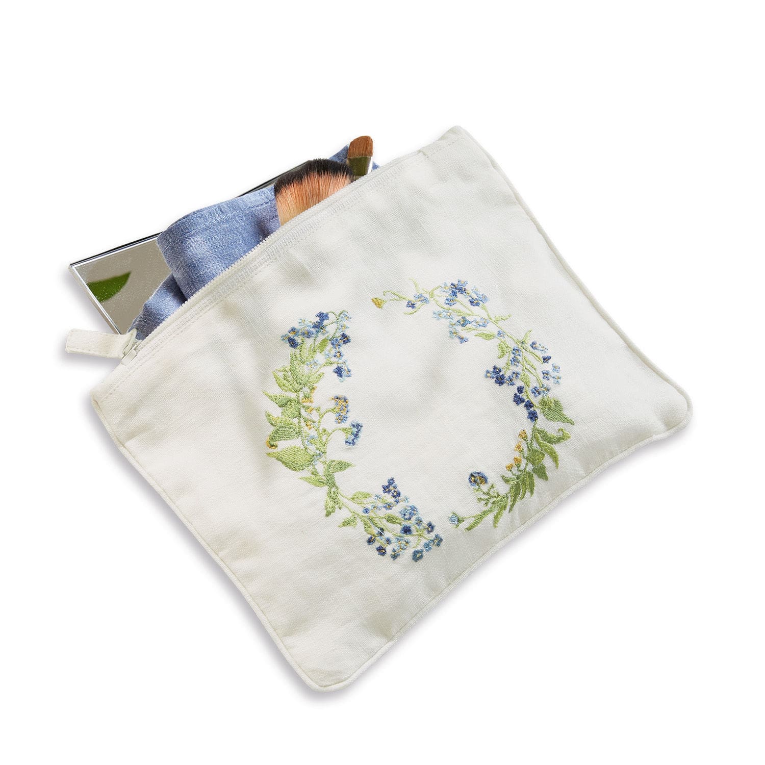 Pochette Fierolla Astuccio bianco in lino con ricamo floreale, pennelli e specchio all'interno