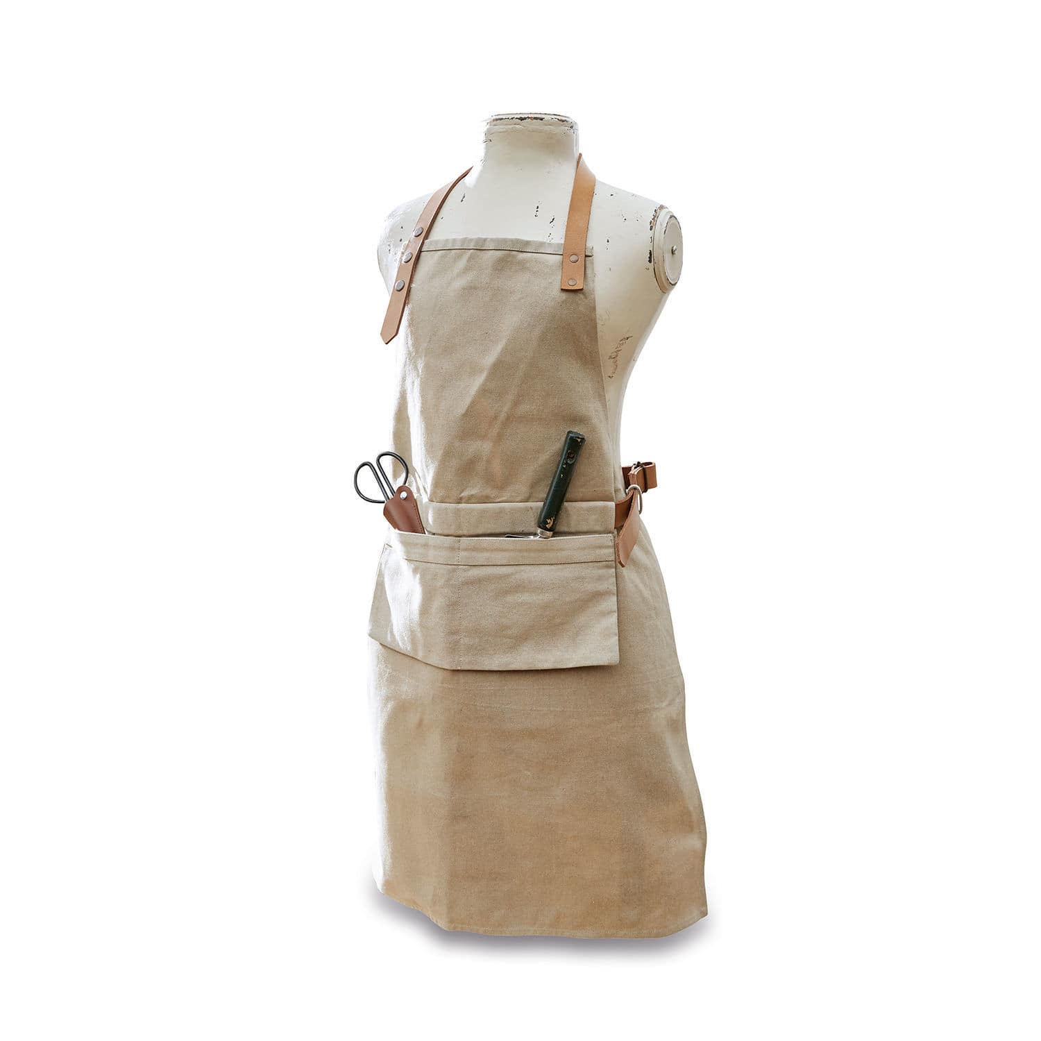 Grembiule Garda Grembiule beige in cotone con tasca e cinturini in pelle, grembiule da cucina pratico