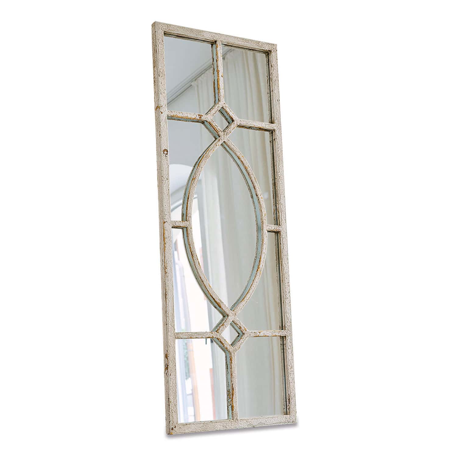 Specchio Millery Specchio da parete con cornice in legno bianco invecchiato e motivo decorativo stile vintage