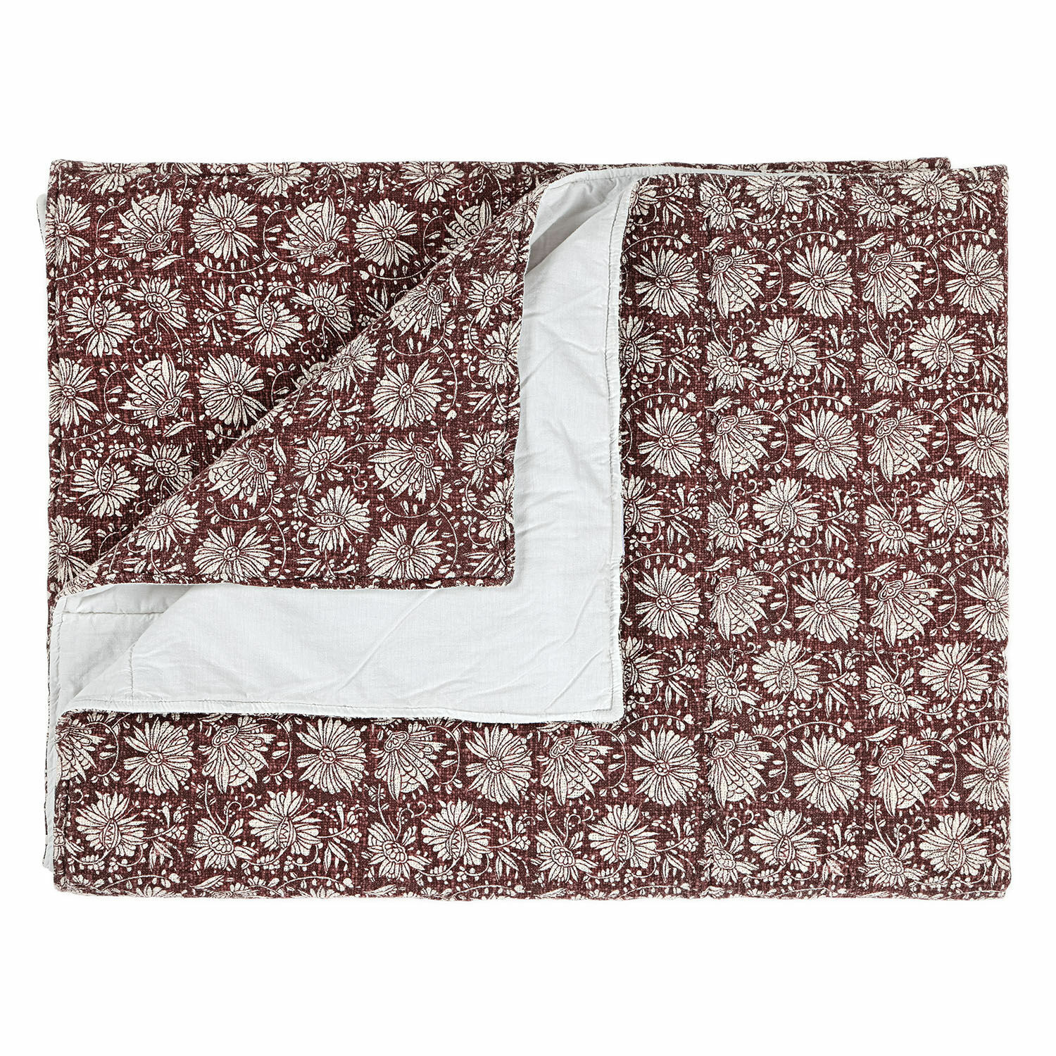 Trapunta Soleique Trapunta reversibile in cotone con motivo floreale bordeaux e lato bianco, biancheria decorativa