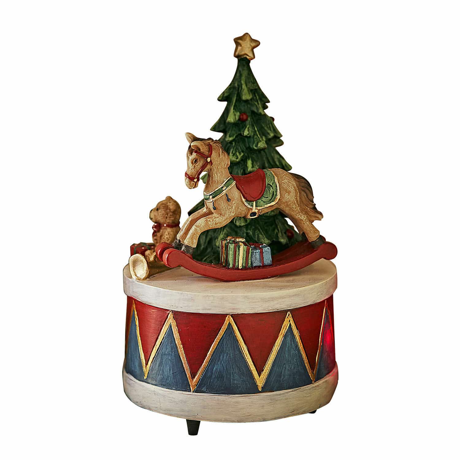 Carillon Harmony Decorazione natalizia in legno con cavallo a dondolo, albero e orso su tamburo rosso e blu
