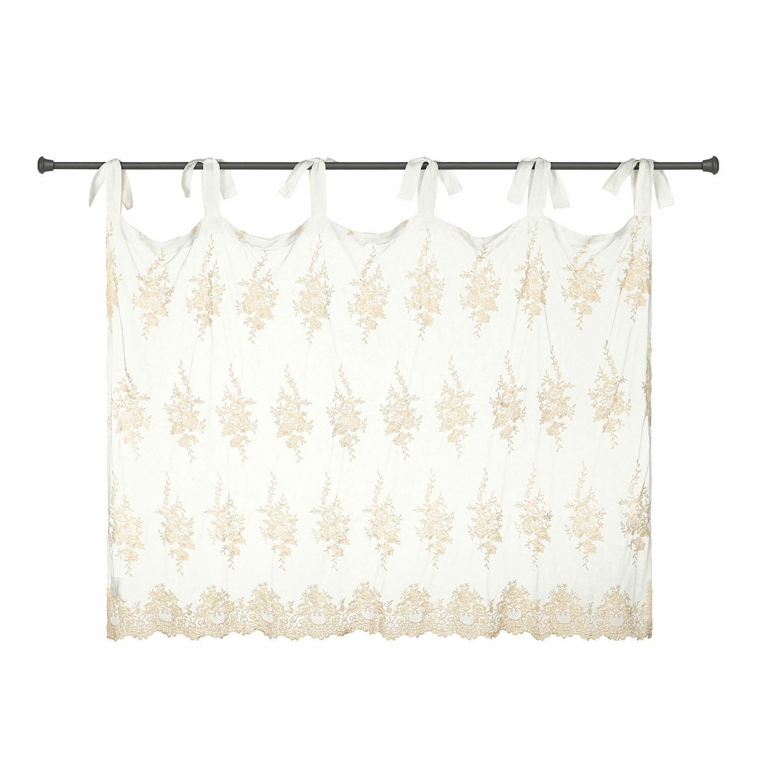 Tendina a vetro Velarion Tenda bianca in cotone con ricamo beige e fiocchi, decorazione finestra per soggiorno