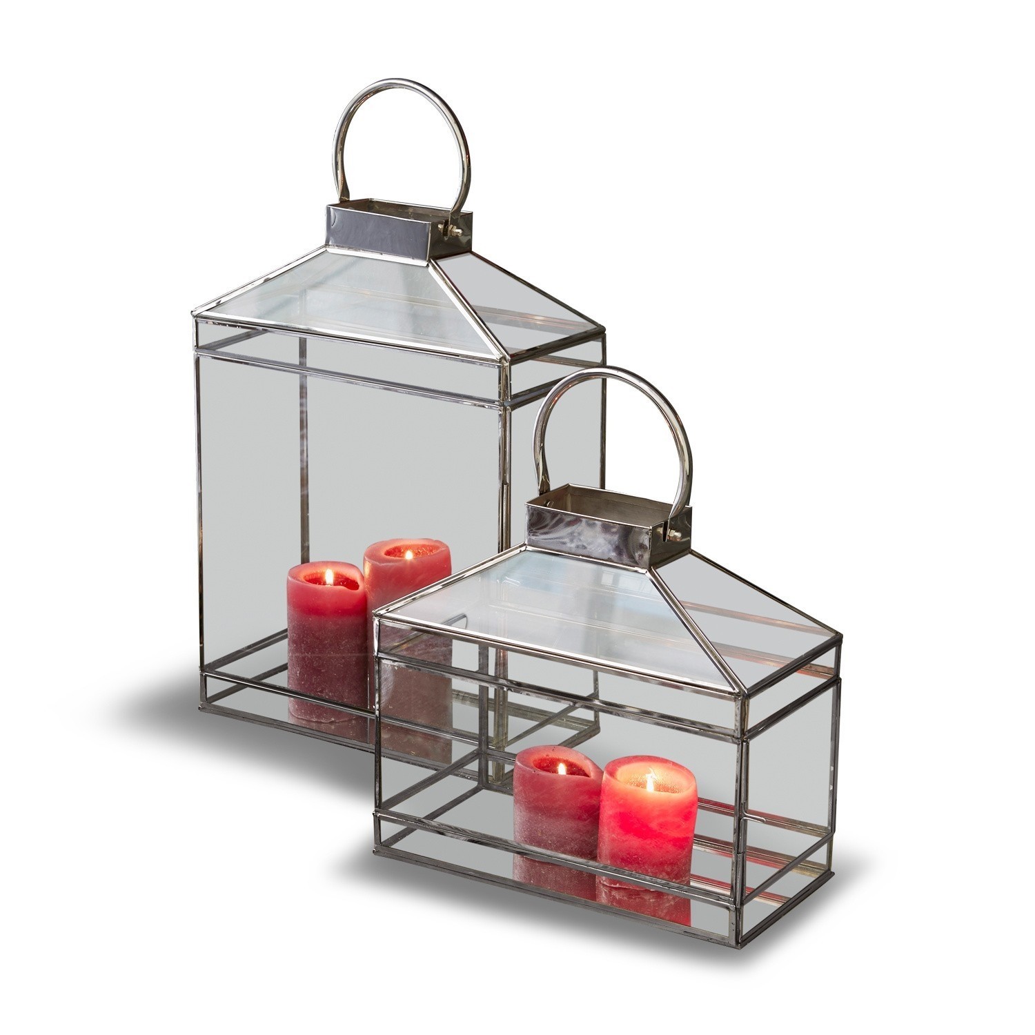 Coppia di lanterne Francesca Set di due lanterne in metallo e vetro con candele rosse per decorazioni interne ed esterne
