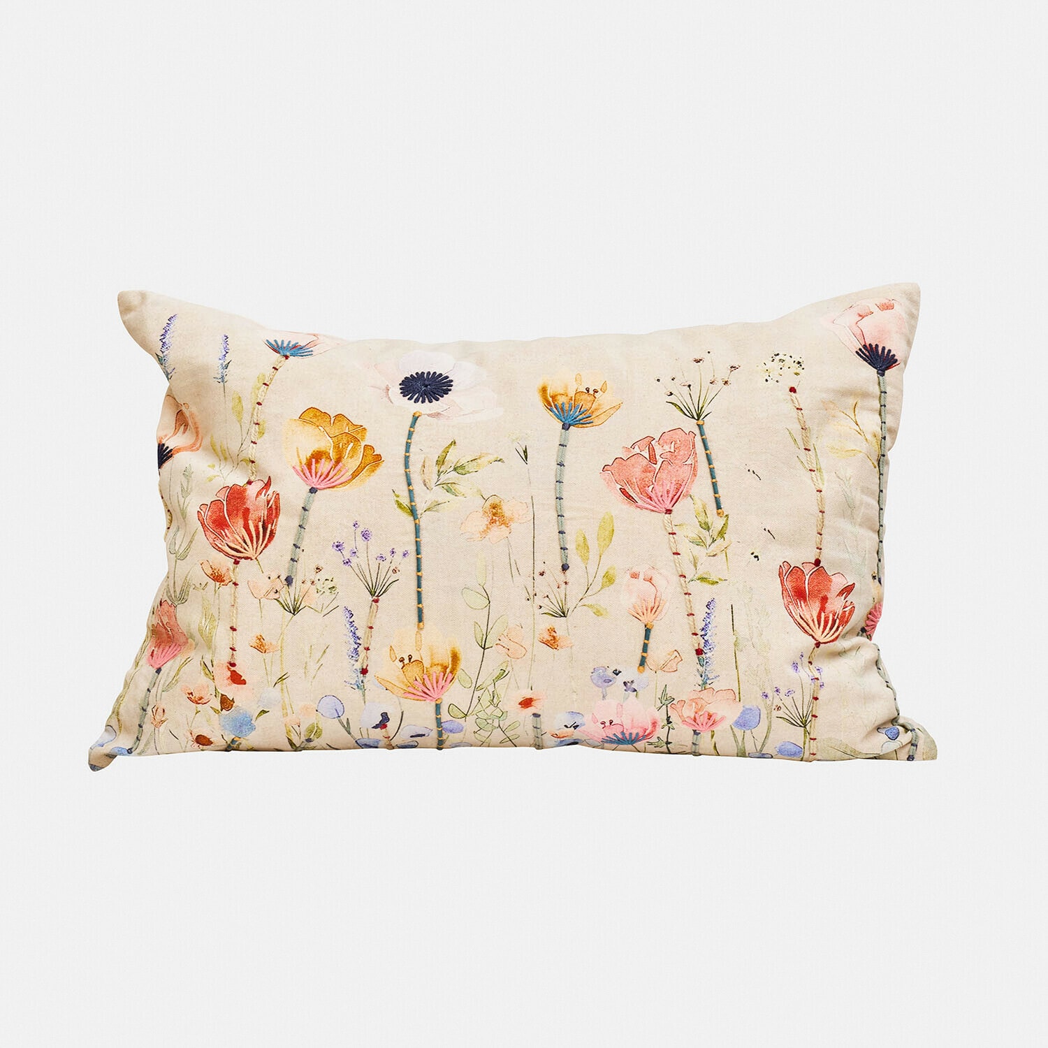 Copricuscino Cadrinela Cuscino rettangolare in cotone color crema con stampa floreale colorata per arredamento