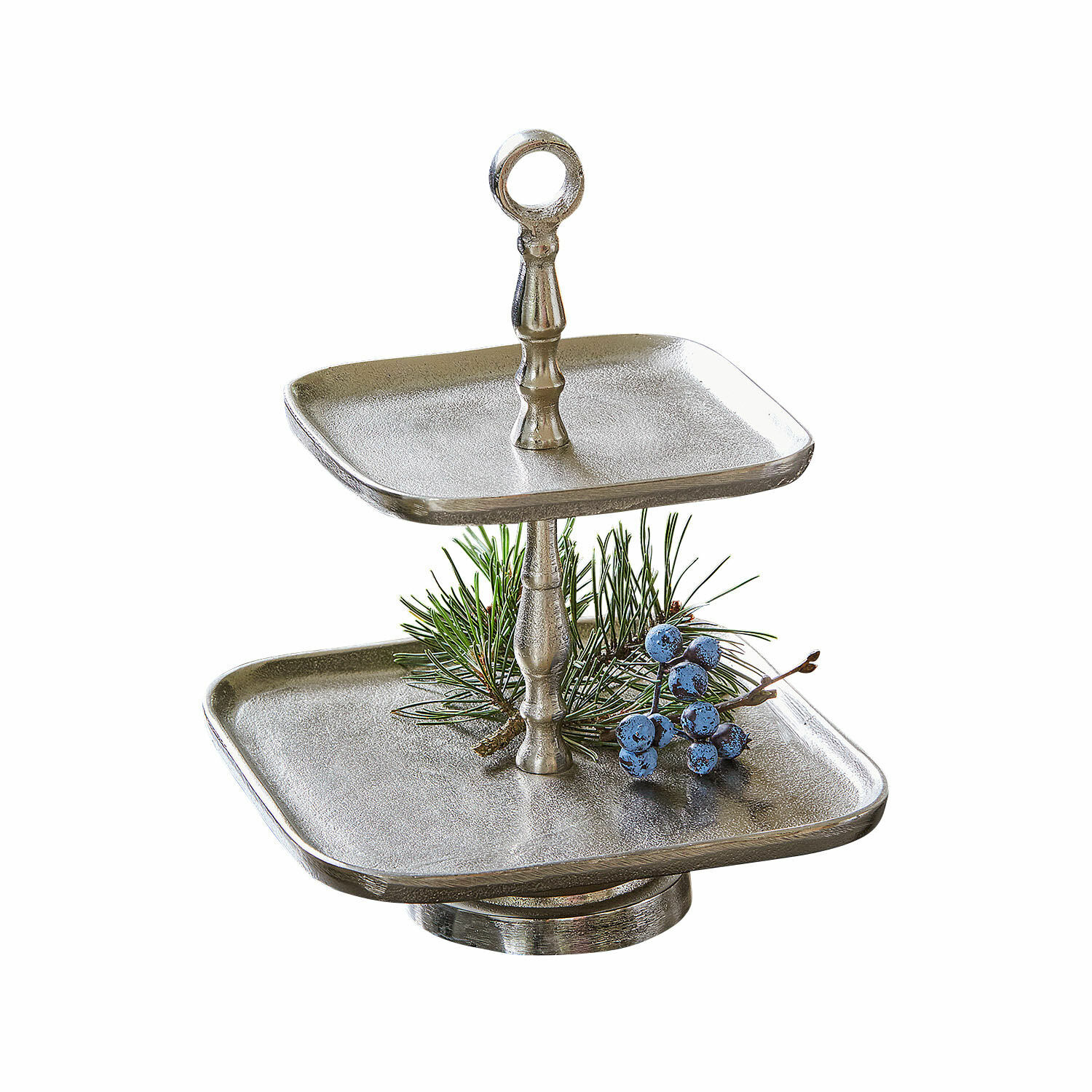 Alzata Tuarla Porta dolci a due livelli in metallo argentato con decorazioni di rami e bacche, elegante espositore per snack