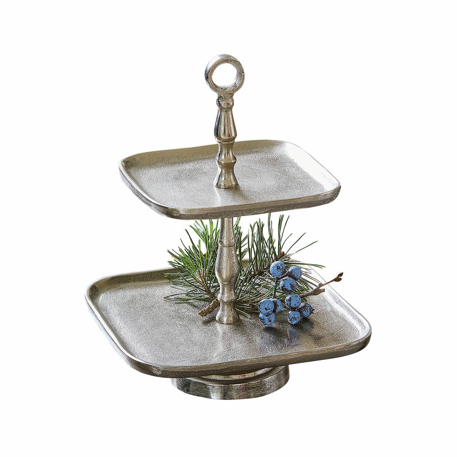 Alzata Tuarla Porta dolci a due livelli in metallo argentato con decorazioni di rami e bacche, elegante espositore per snack