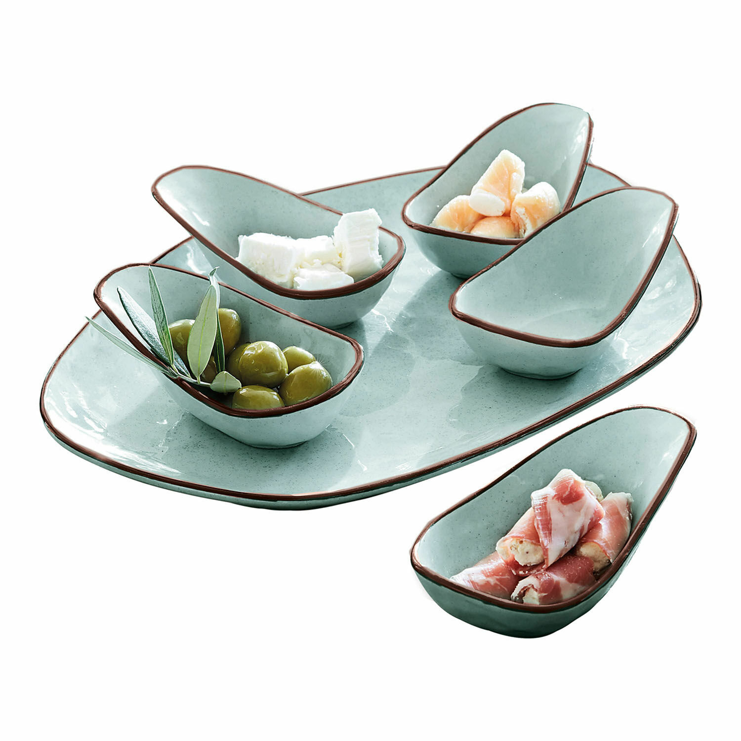 Set di 6 ciotoline su piatto Biarré Set di ciotole e piatto in ceramica verde menta con bordo marrone per servire antipasti