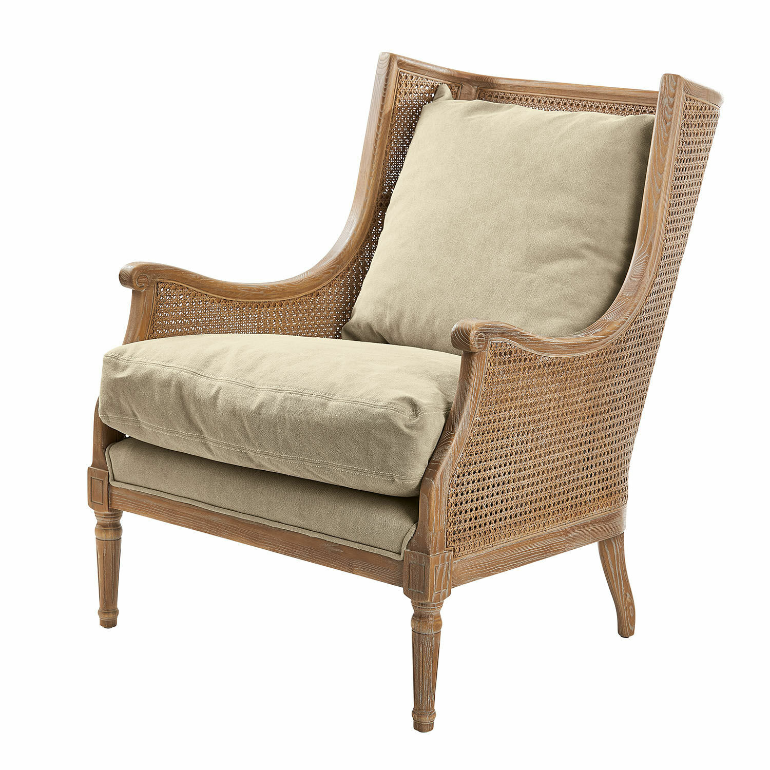 Poltrona Greenbrier Poltrona vintage in legno e intreccio con cuscini beige, seduta comoda per il soggiorno