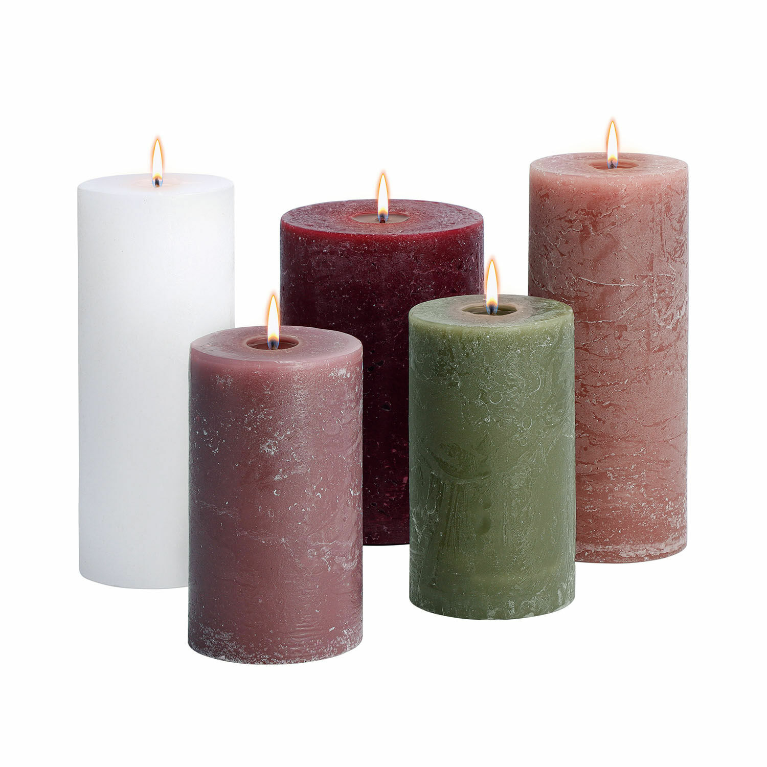 Set di 5 candele Panagra Set di cinque candele decorative in cera di vari colori: bianco, bordeaux, verde e tonalità di rosa