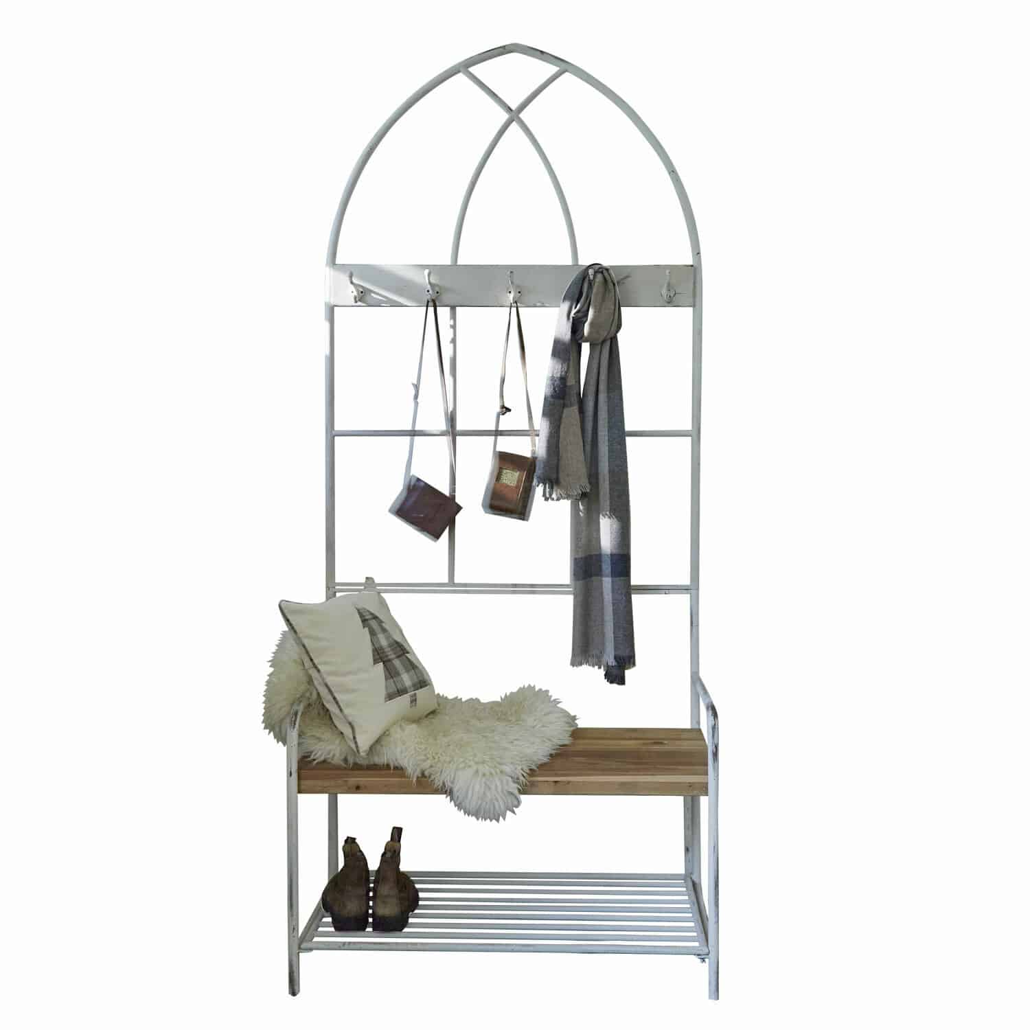 Appendiabiti Oliviette Panca in metallo bianco con seduta in legno e ganci appendiabiti, mobile decorativo per ingresso