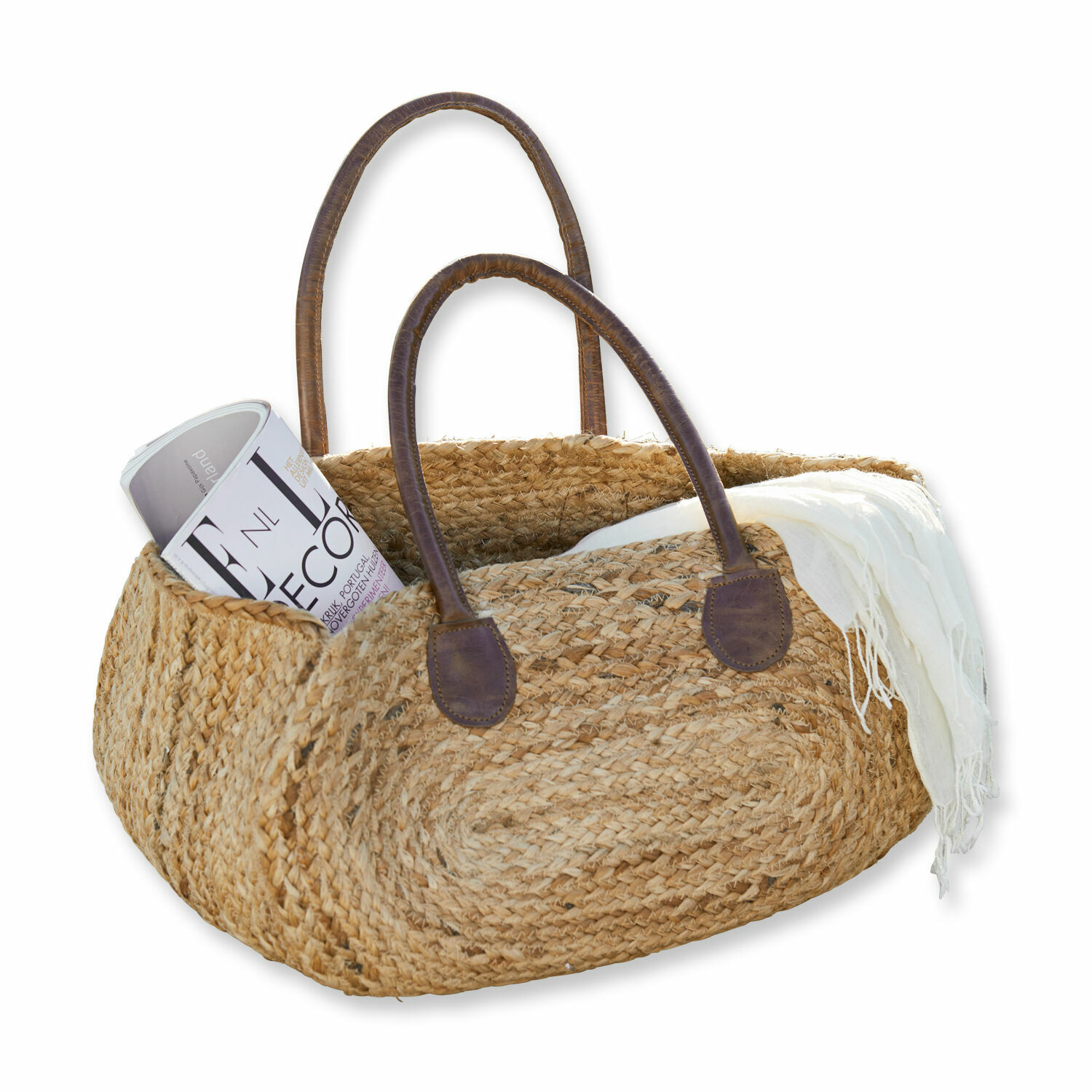 Borsa Gravesend Borsa intrecciata in erba marina con manici in pelle marrone, colore naturale, borsa per la spesa
