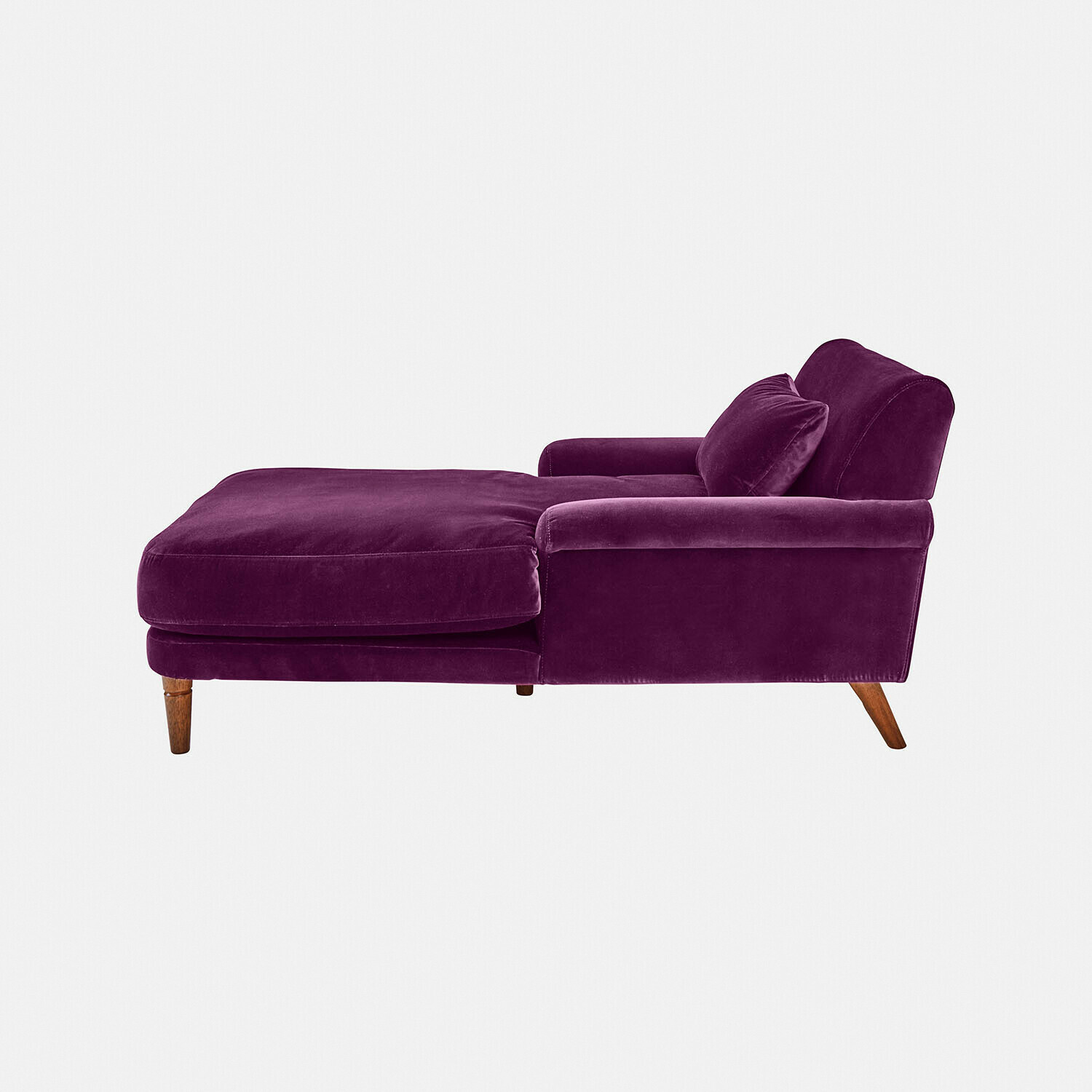 viola Chaise longue Jouvrelle in velluto viola con gambe in legno, comoda per soggiorno e relax
