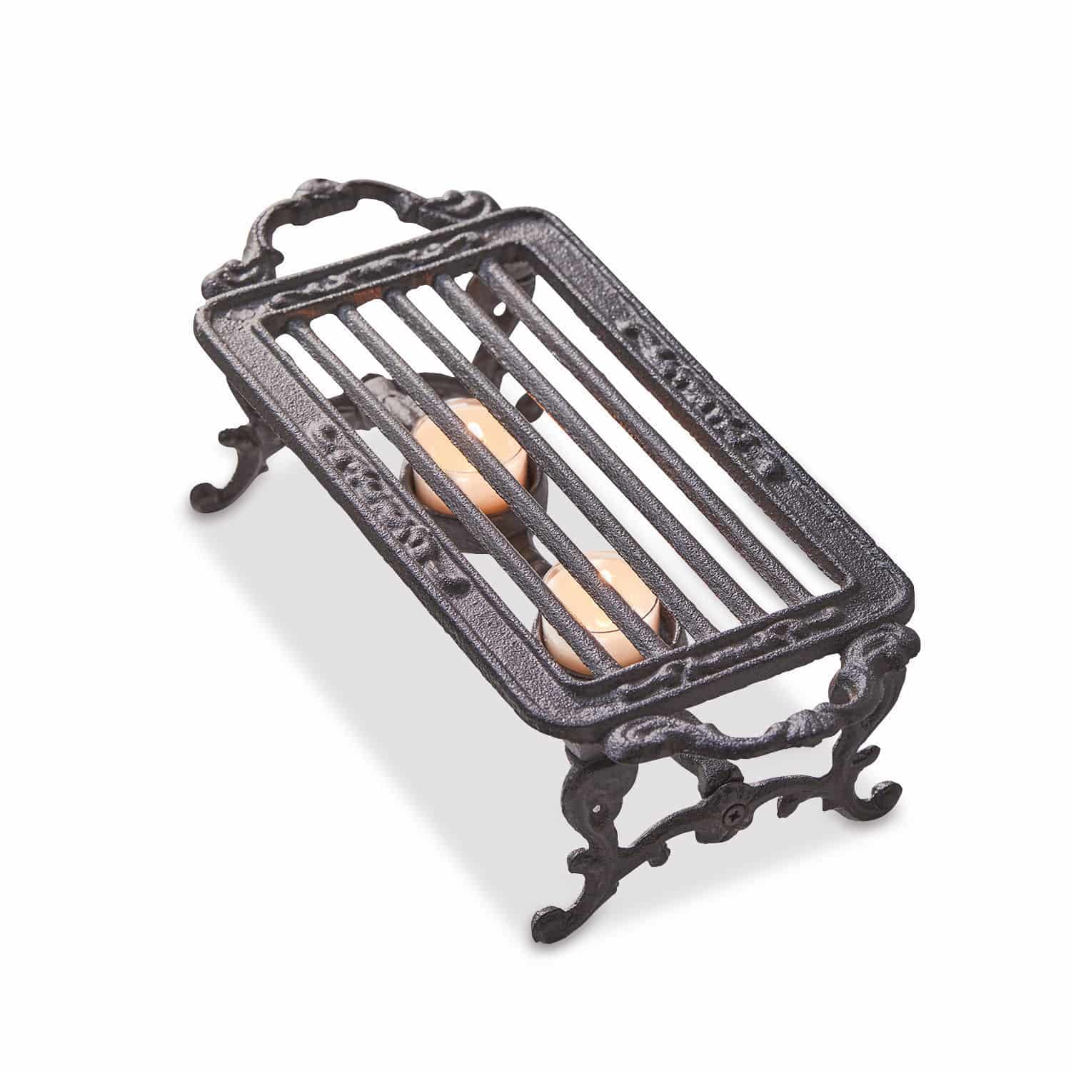 Scaldavivande a candela Raimond Portacandele nero in metallo con due candele, supporto decorativo ornato per interni