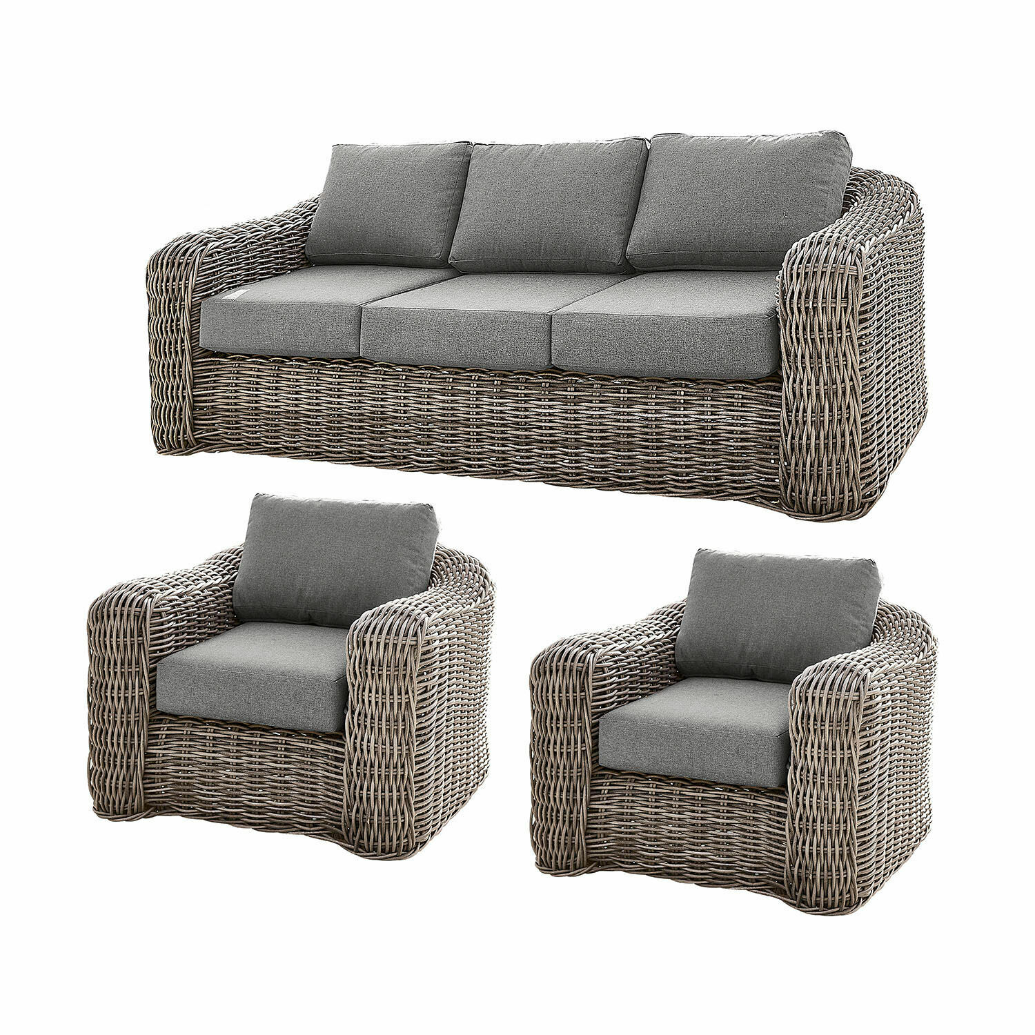 Set divano e poltrone Upminster Set di mobili da giardino in rattan sintetico grigio con cuscini, divano e due poltrone
