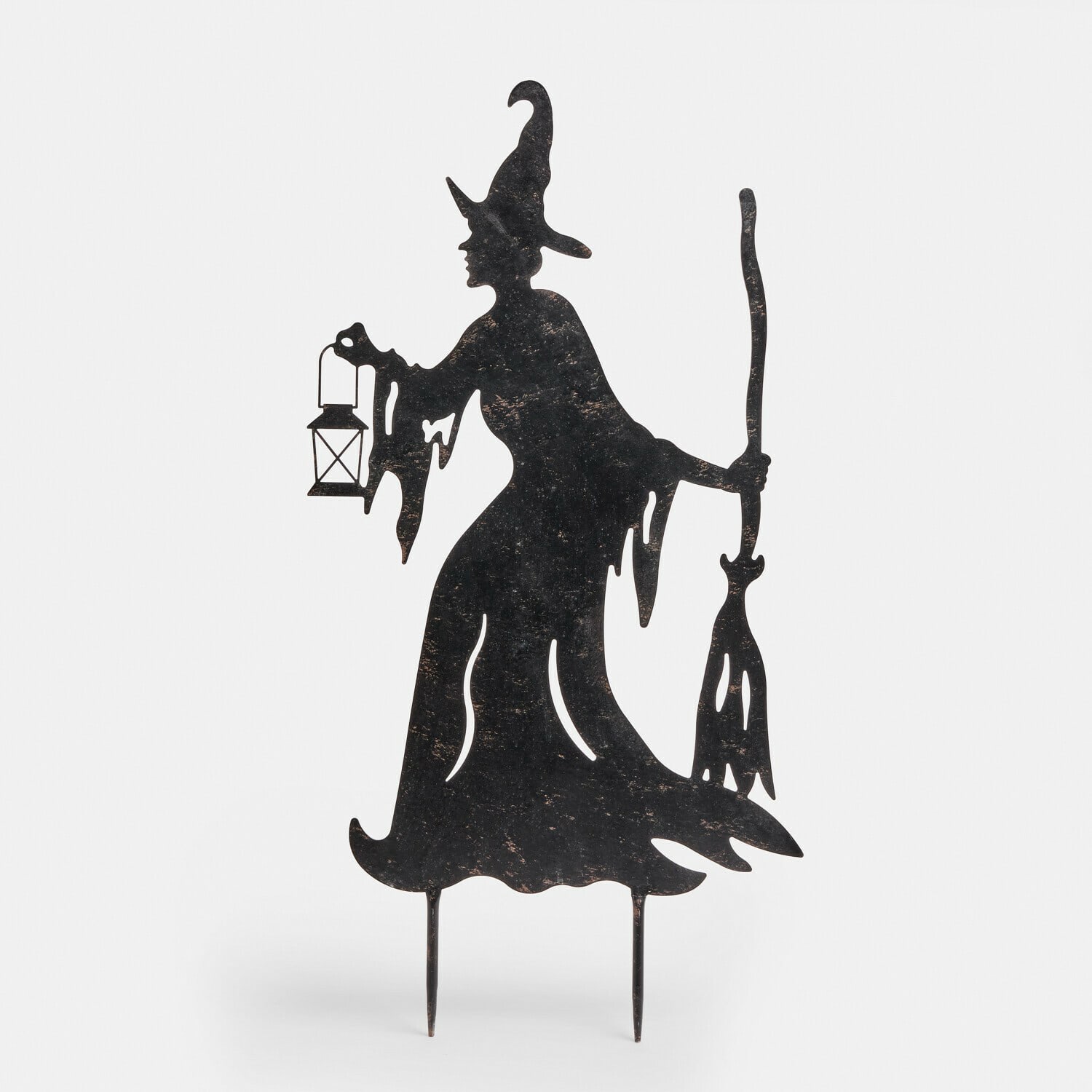 Asta da giardino Talmora Decorazione da giardino in metallo nero a forma di strega con lanterna e scopa per Halloween