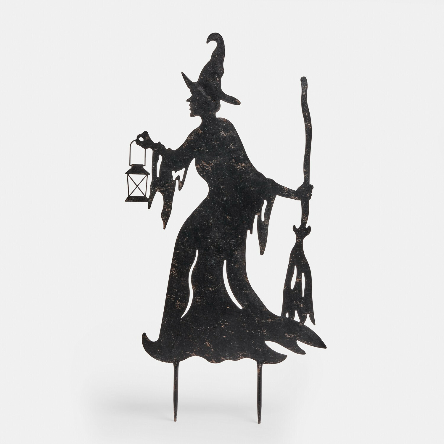Asta da giardino Talmora Decorazione da giardino in metallo nero a forma di strega con lanterna e scopa per Halloween