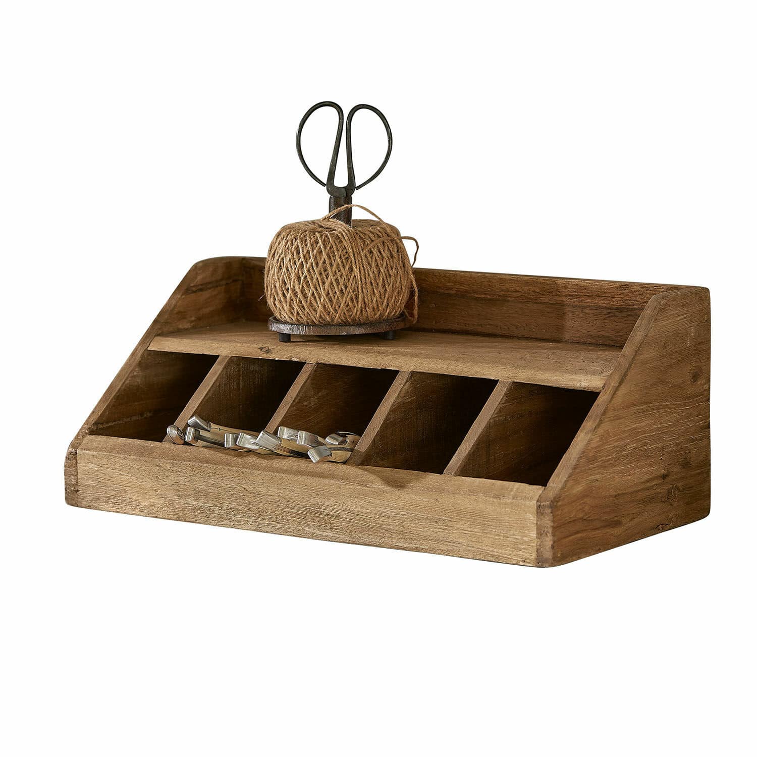 Portaposate Ursélie Organizzatore in legno con cinque scomparti e un gomitolo di spago per riporre accessori.