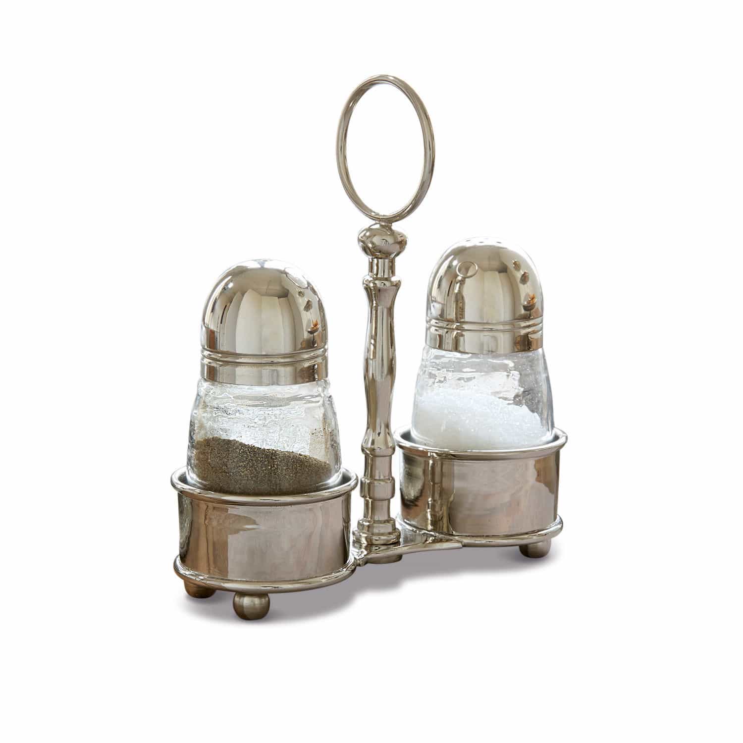 Servizio sale e pepe Beaune Set di saliera e pepiera in vetro con supporto metallico color argento per cucina