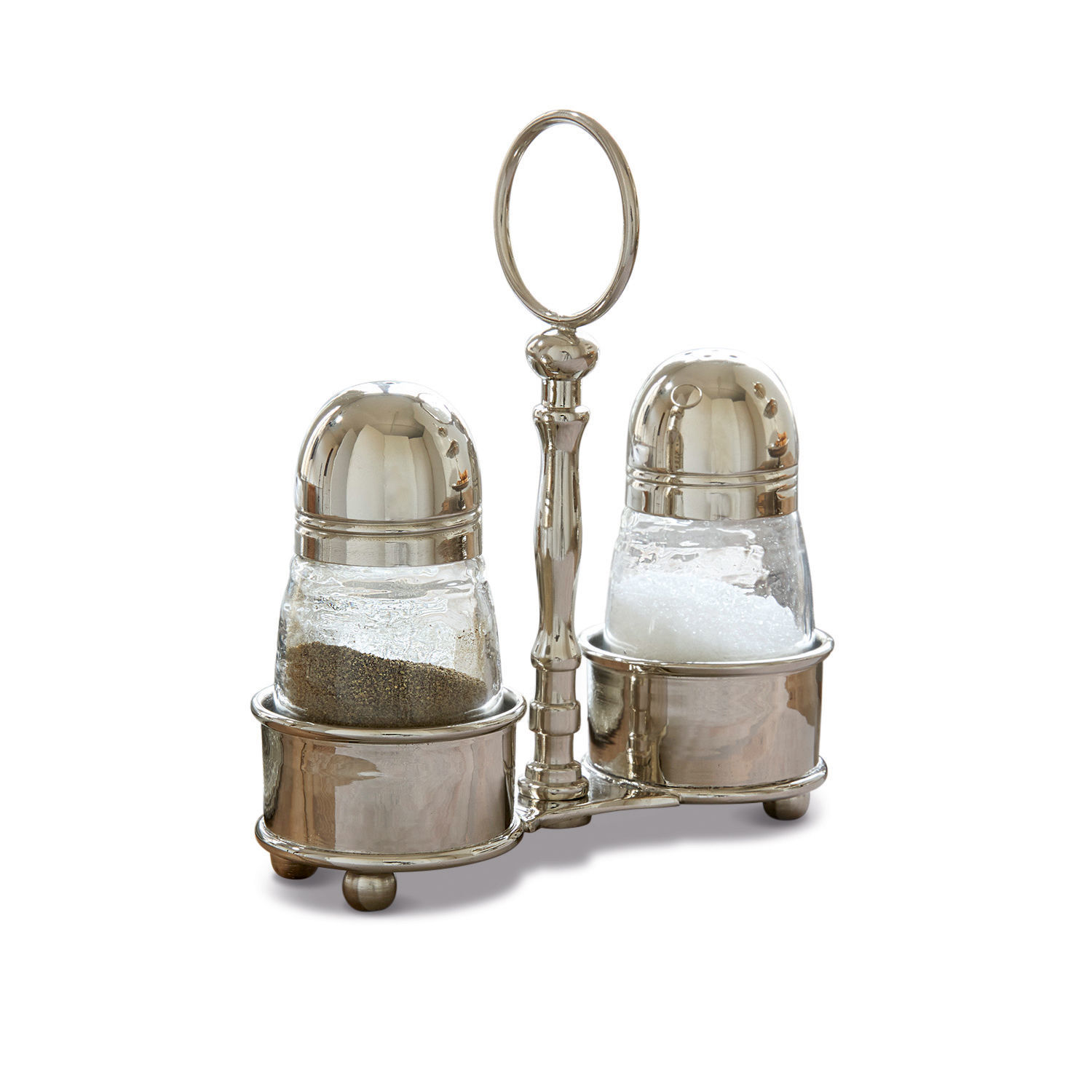Servizio sale e pepe Beaune Set di saliera e pepiera in vetro con supporto metallico color argento per cucina