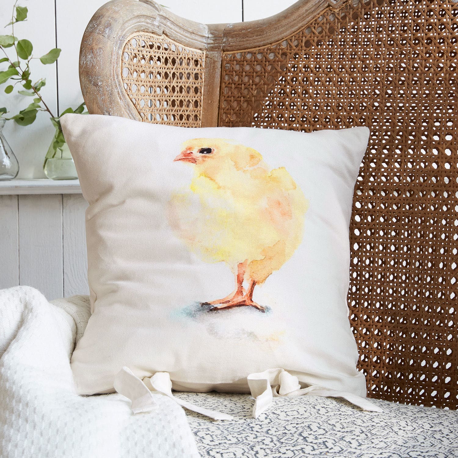 Copricuscino Kieki Cuscino decorativo in cotone color ecru con stampa di pulcino giallo, accessorio accogliente per la casa