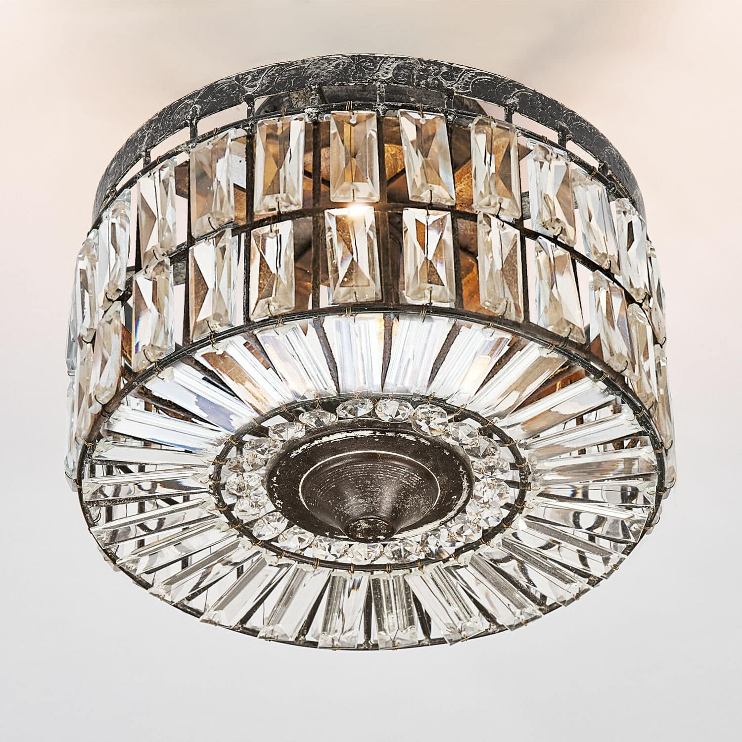 Plafoniera Hutton Lampada da soffitto rotonda in metallo con cristalli trasparenti, lampada decorativa per soggiorno