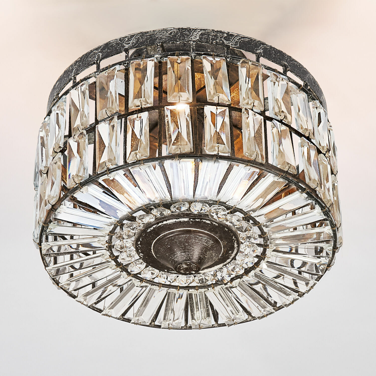 Plafoniera Hutton Lampada da soffitto rotonda in metallo con cristalli trasparenti, lampada decorativa per soggiorno