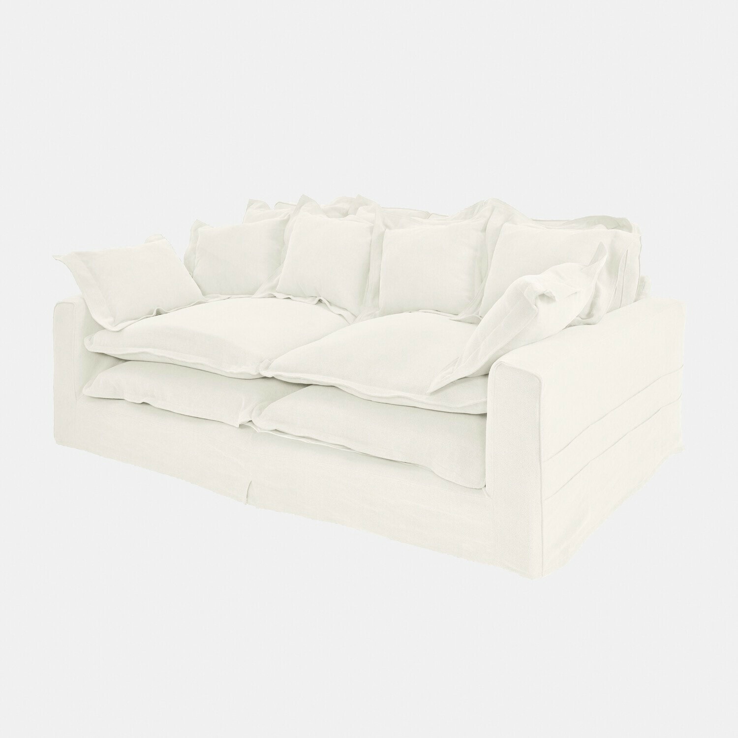 Divano Terell Divano bianco in tessuto con due cuscini, mobile moderno e confortevole per soggiorno