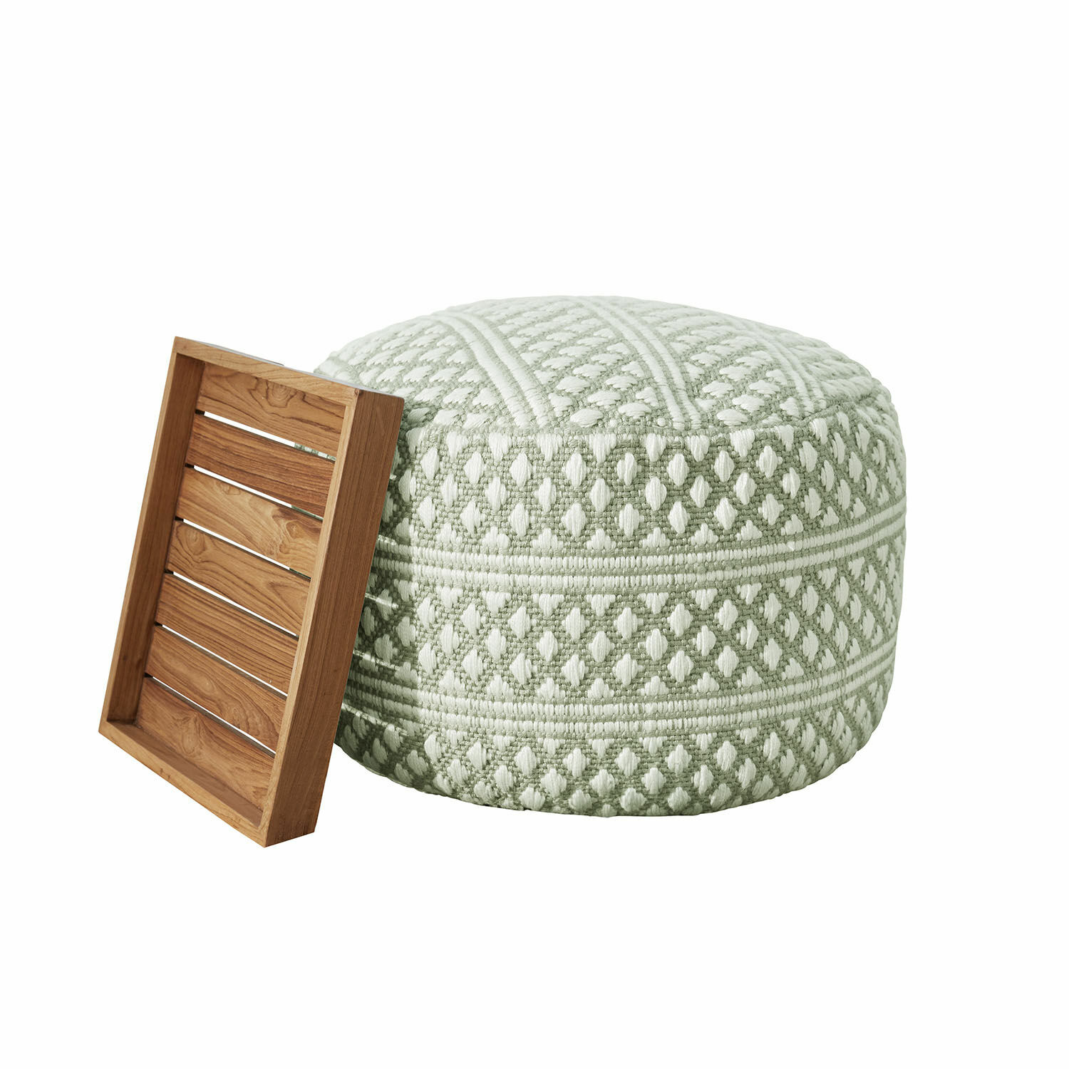 Pouf per interni ed esterni Mintares Pouf rotondo in tessuto verde e bianco con vassoio in legno accanto, arredo casa