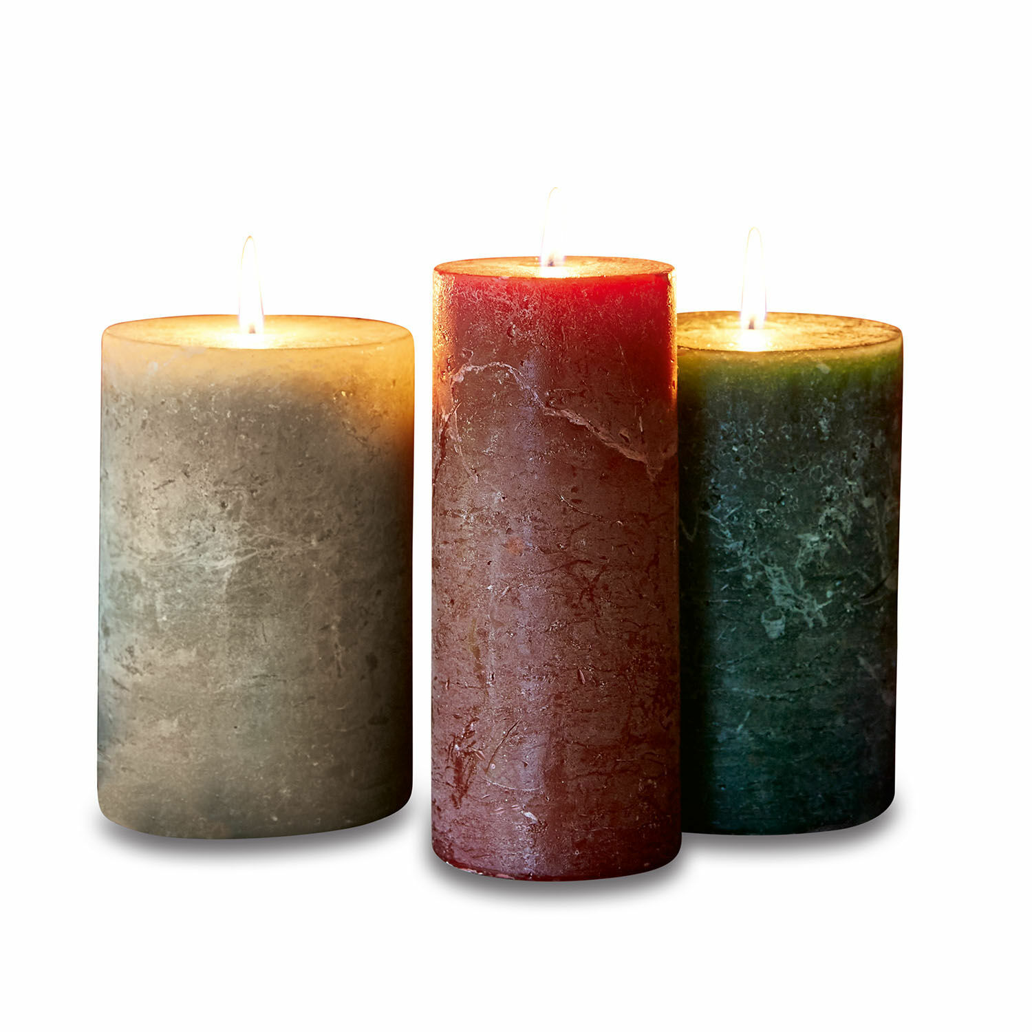 colorato Set di 3 candele colorate in cera con finitura rustica per decorazioni d'interni