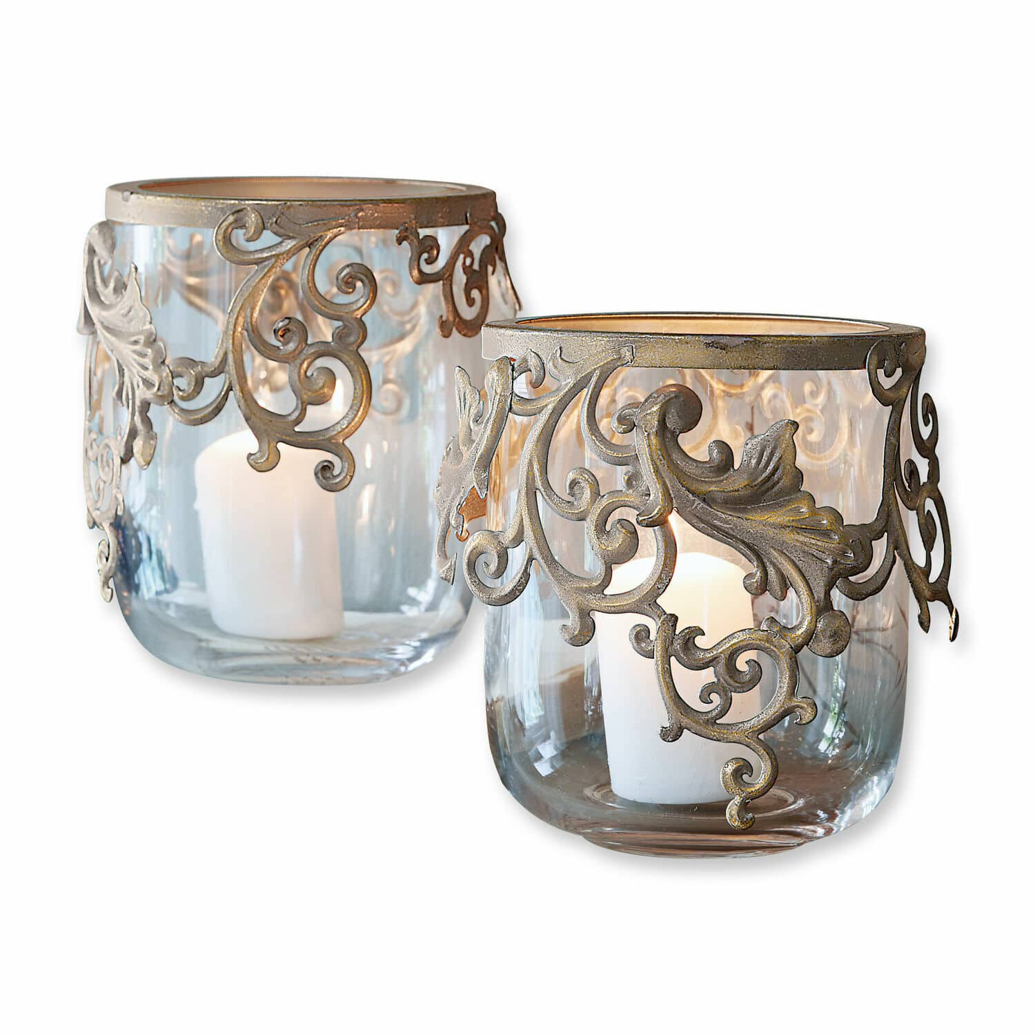 Coppia di portalumini Sundini Portacandele in vetro con decorazioni metalliche color oro antico per arredamento elegante