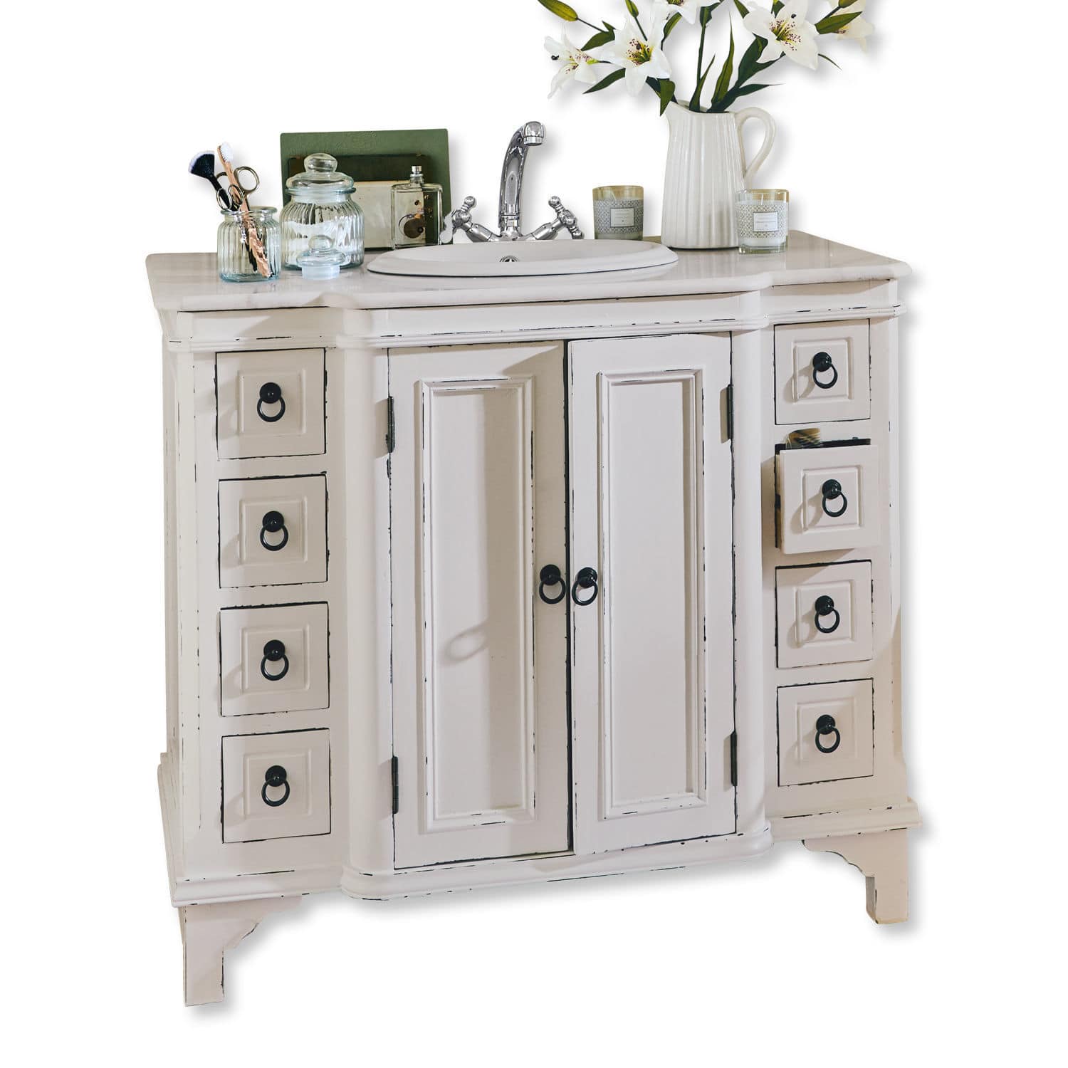 Mobile per lavabo Sunderland Mobile bagno in legno bianco con lavabo e maniglie in metallo, stile vintage
