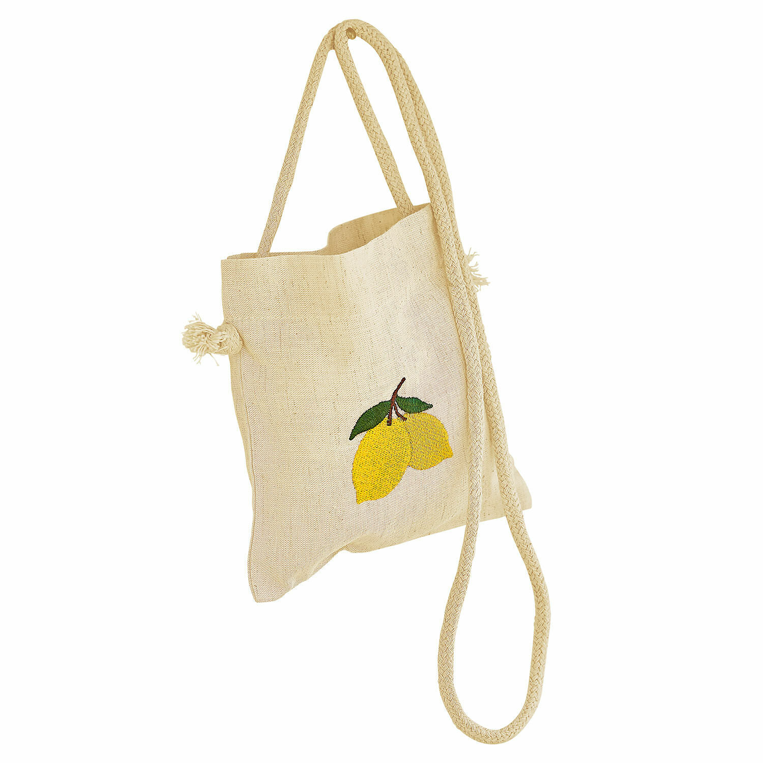Borsa Palerina Borsa in lino beige con ricamo limone e tracolla lunga, borsa leggera per la spesa