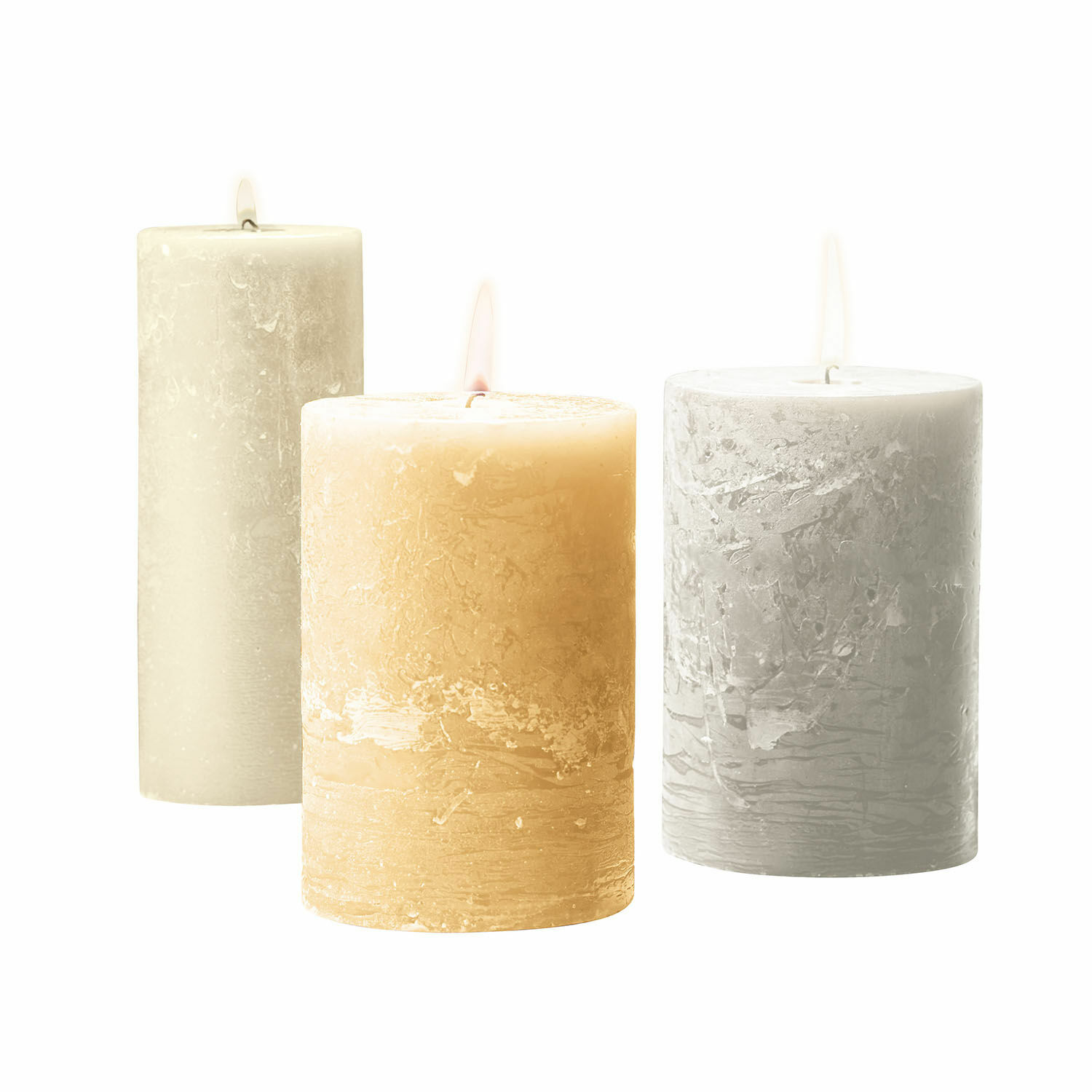 crema Set di 3 candele crema in cera naturale con texture rustica per decorazione d'interni