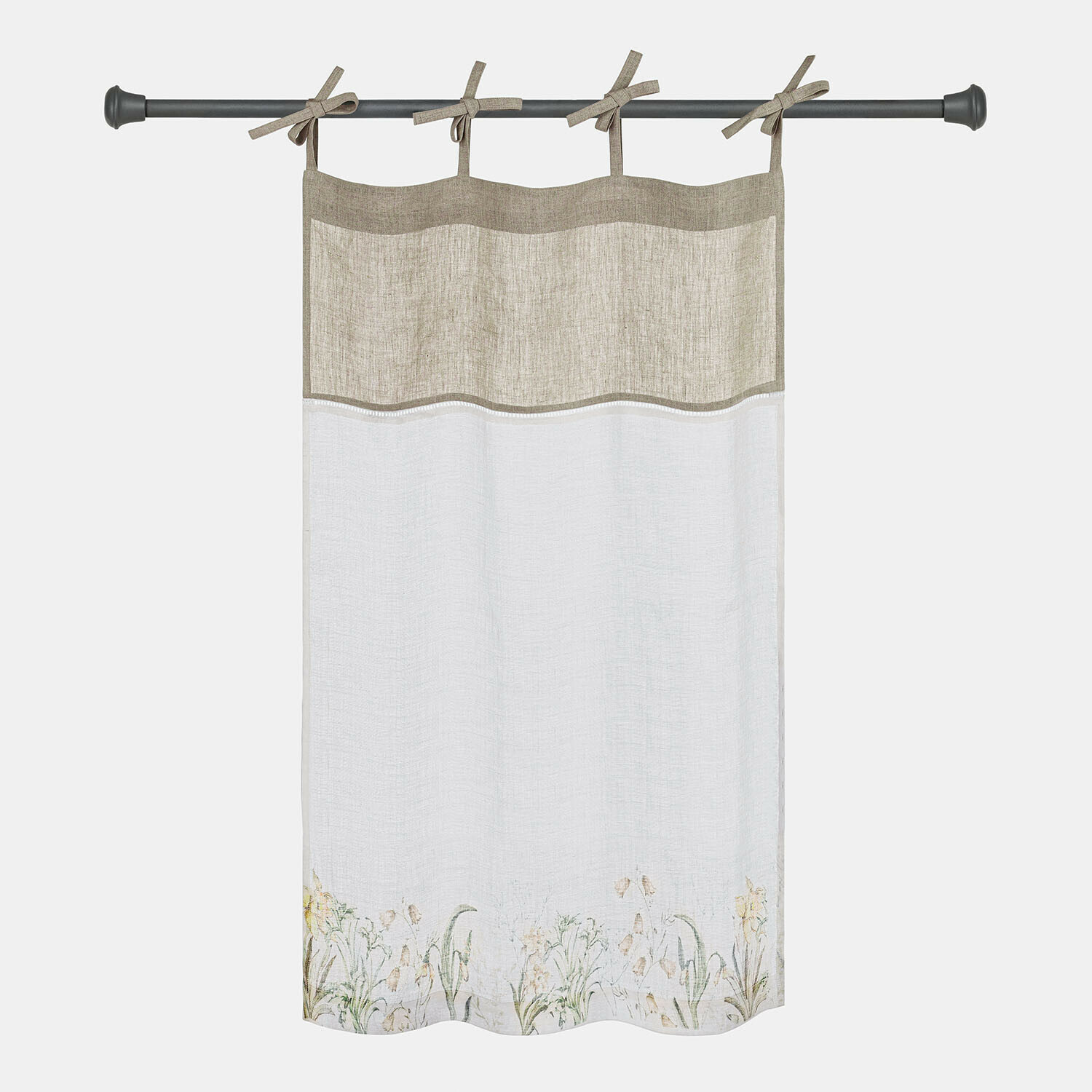 Tendina a vetro Lozere Tenda in lino beige e bianco con motivo floreale sul bordo inferiore e nastri per appendere