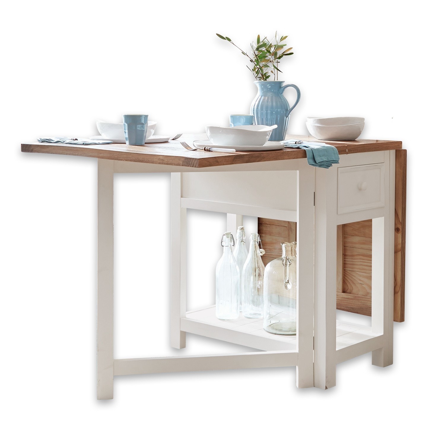 Tavolo Dale Tavolo pieghevole in legno bianco con piano in legno naturale, decorato con stoviglie e brocca blu