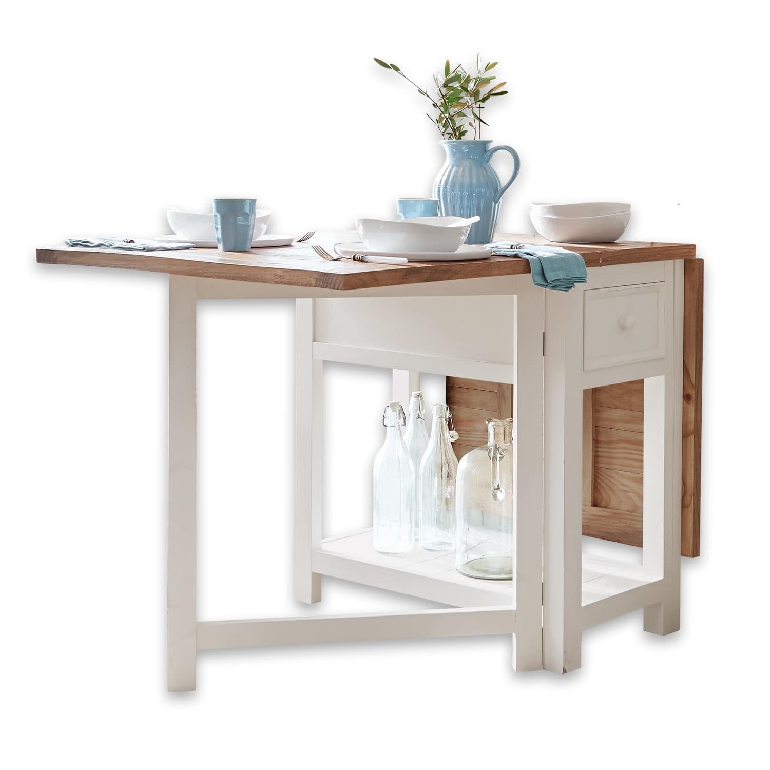 Tavolo Dale Tavolo pieghevole in legno bianco con piano in legno naturale, decorato con stoviglie e brocca blu