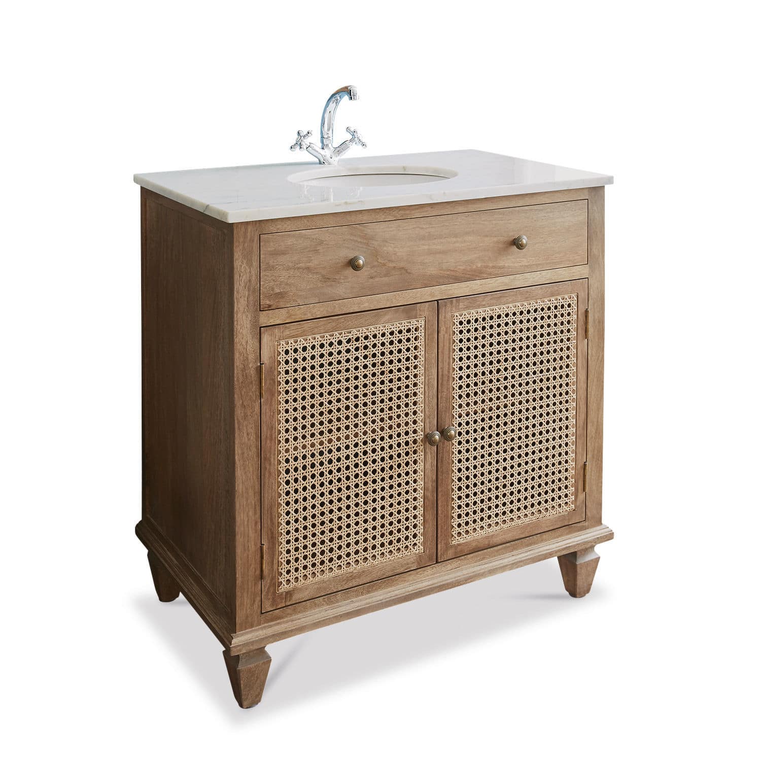 Mobile con lavabo Emyl Mobile bagno in legno e rattan con piano in marmo bianco e rubinetto cromato