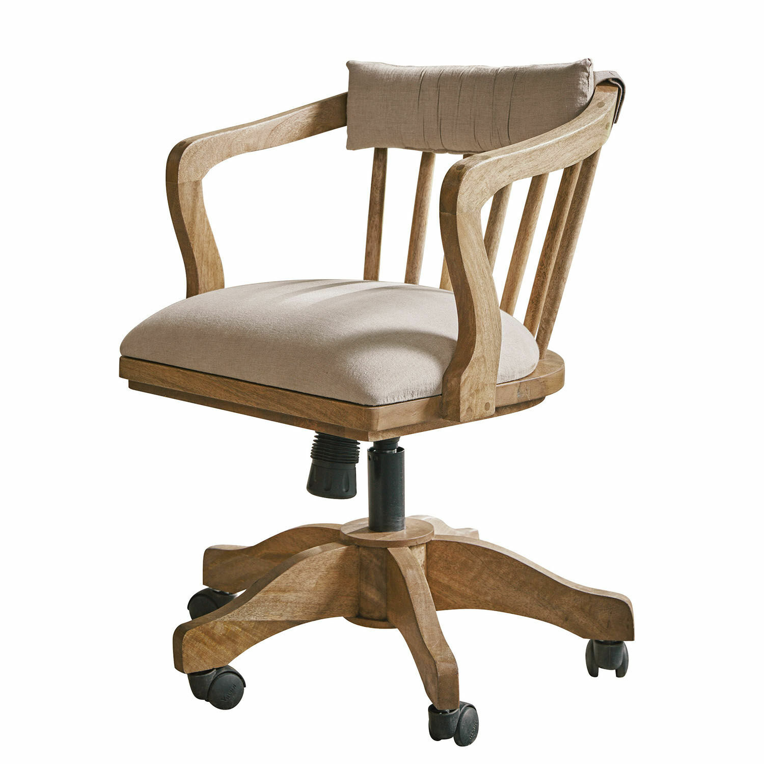 Sedia da scrivania Lemuel Sedia da ufficio girevole in legno di mango con rivestimento beige, stile rustico per casa e ufficio