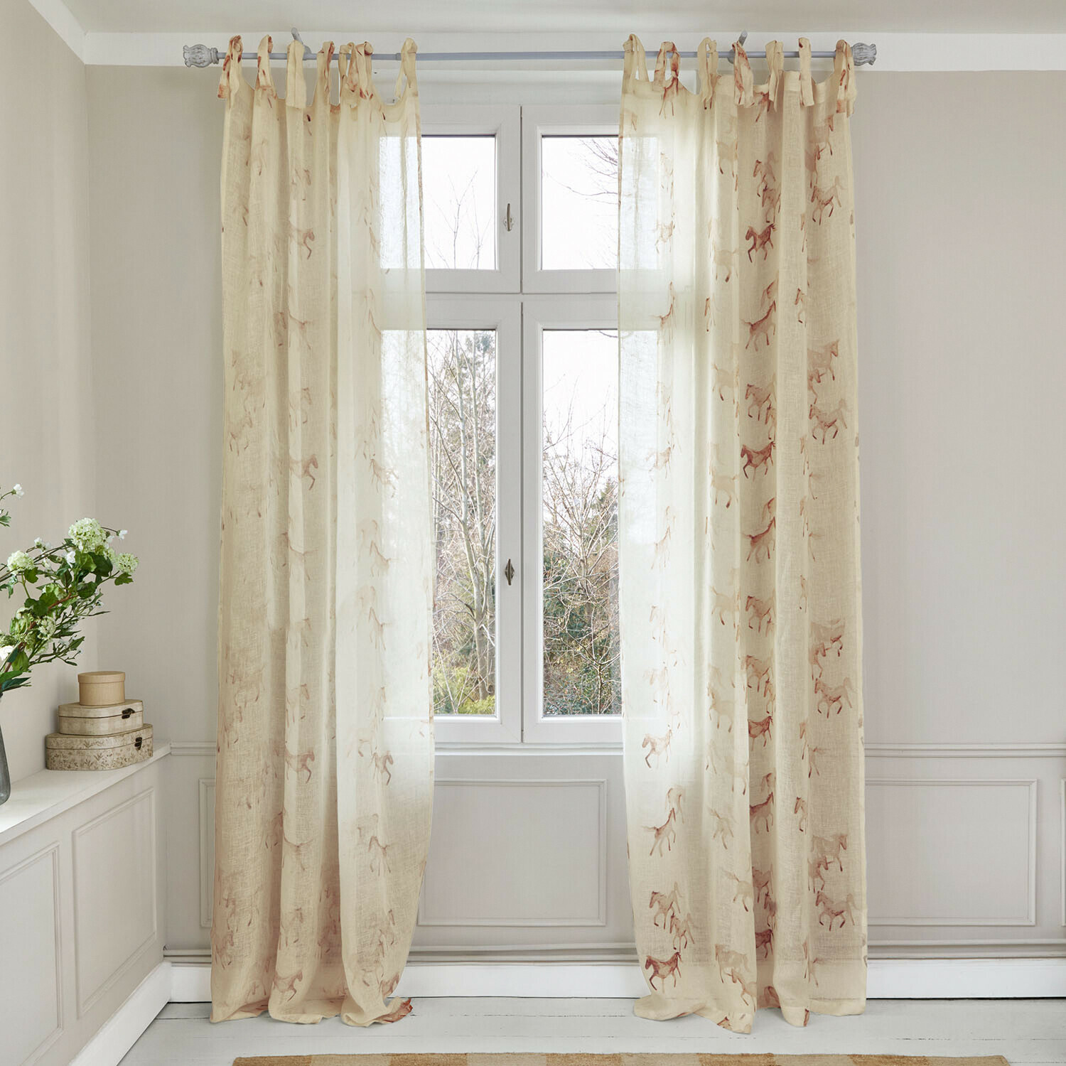 Tenda Windermay Tende leggere beige con motivo cavalli in tessuto naturale, decorazione elegante per finestre soggiorno