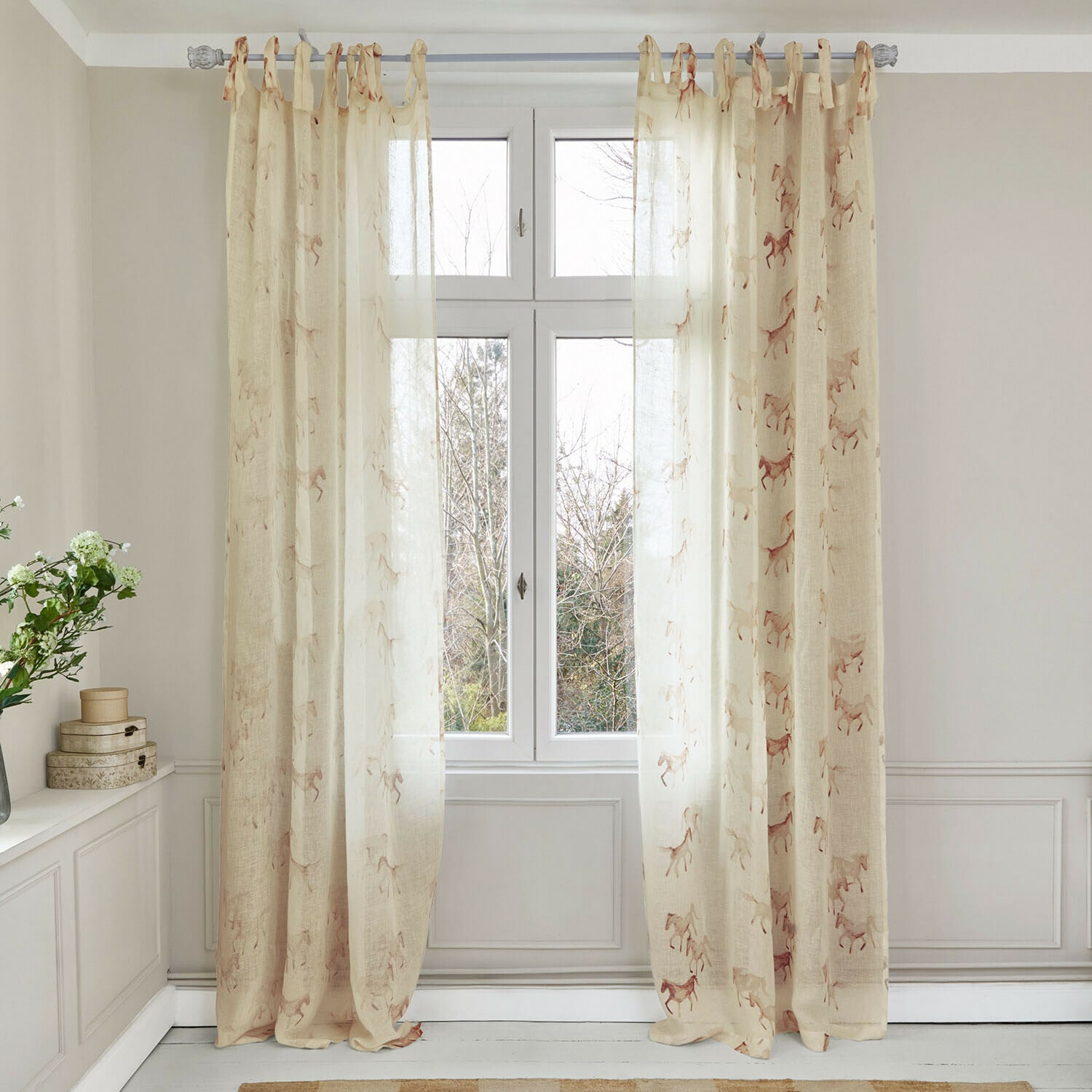 Tenda Windermay Tende leggere beige con motivo cavalli in tessuto naturale, decorazione elegante per finestre soggiorno