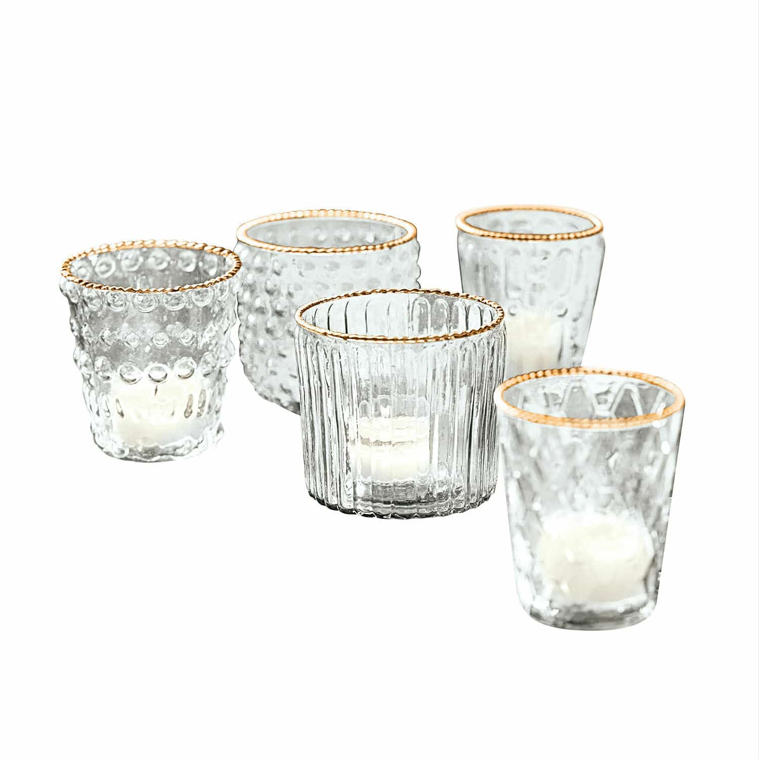 trasparente/oro Set di 5 portacandele in vetro trasparente Jarnac con bordo dorato per decorazioni d'interni eleganti